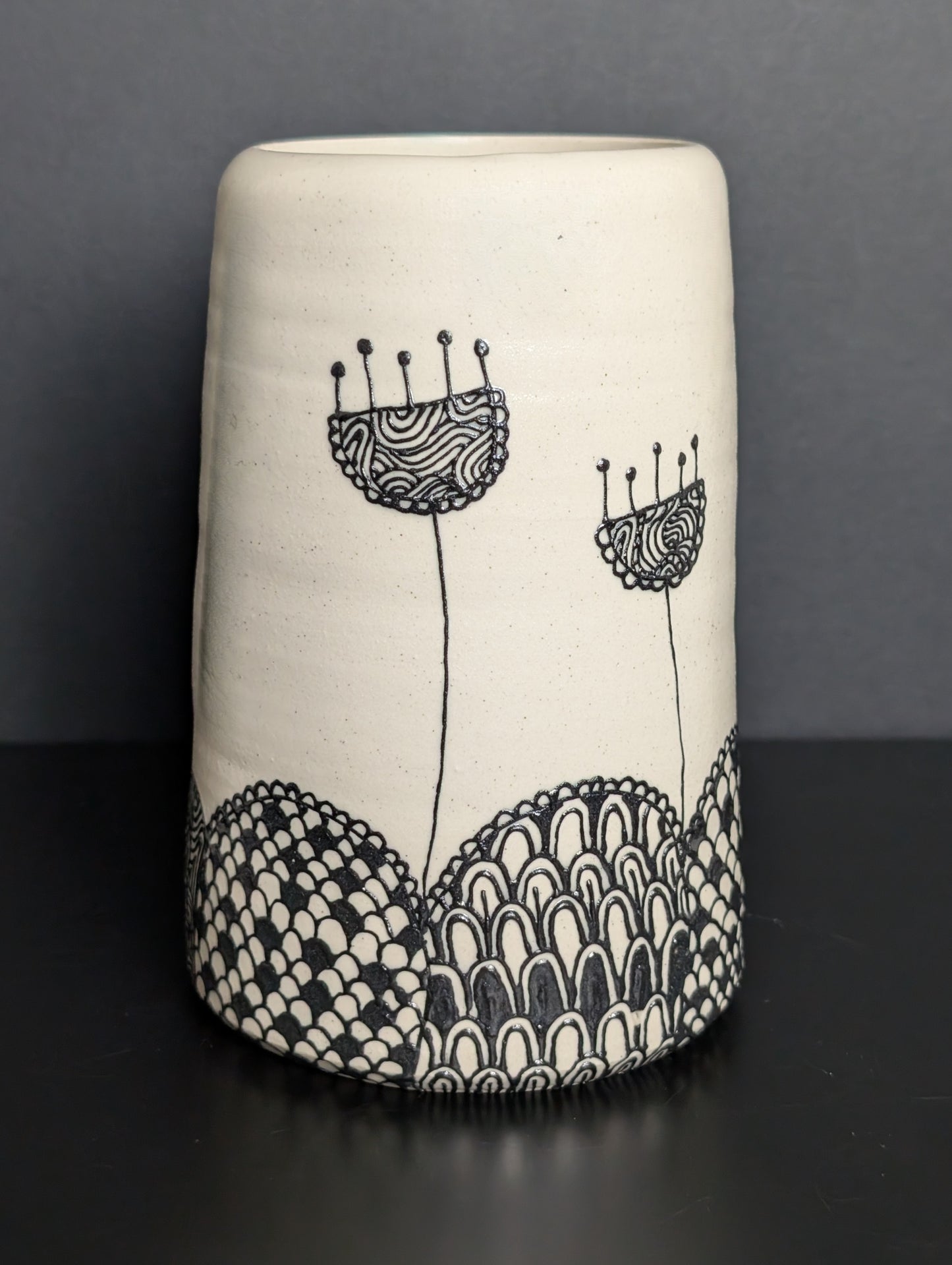 Black floral patterned landscape slip trailed bouquet vase