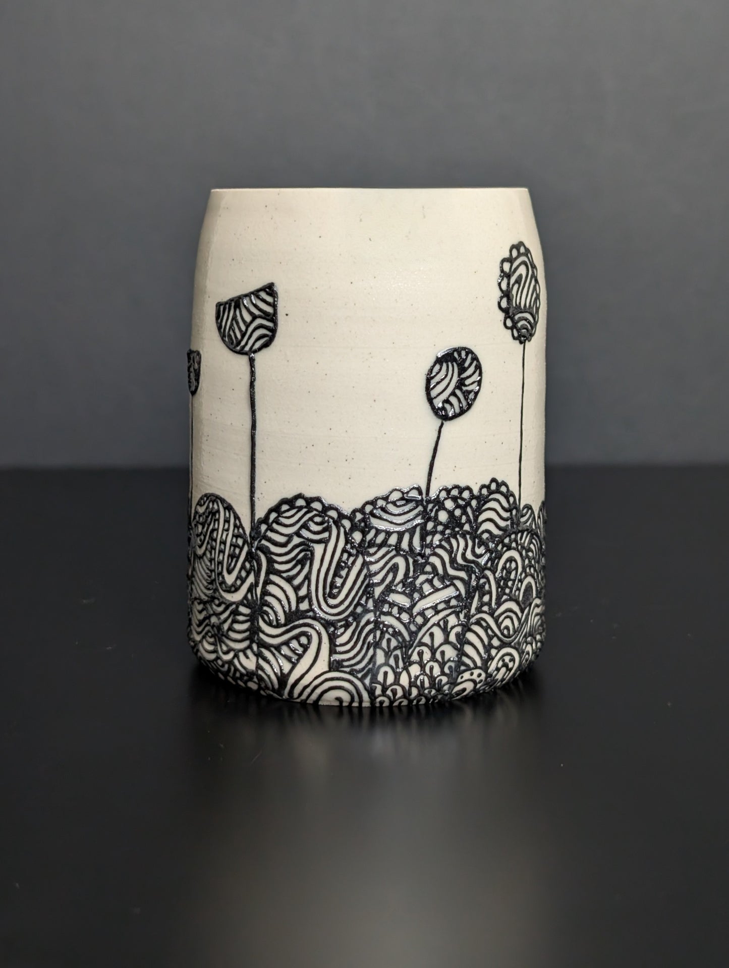 Black floral patterned landscape slip trailed mini bouquet vase