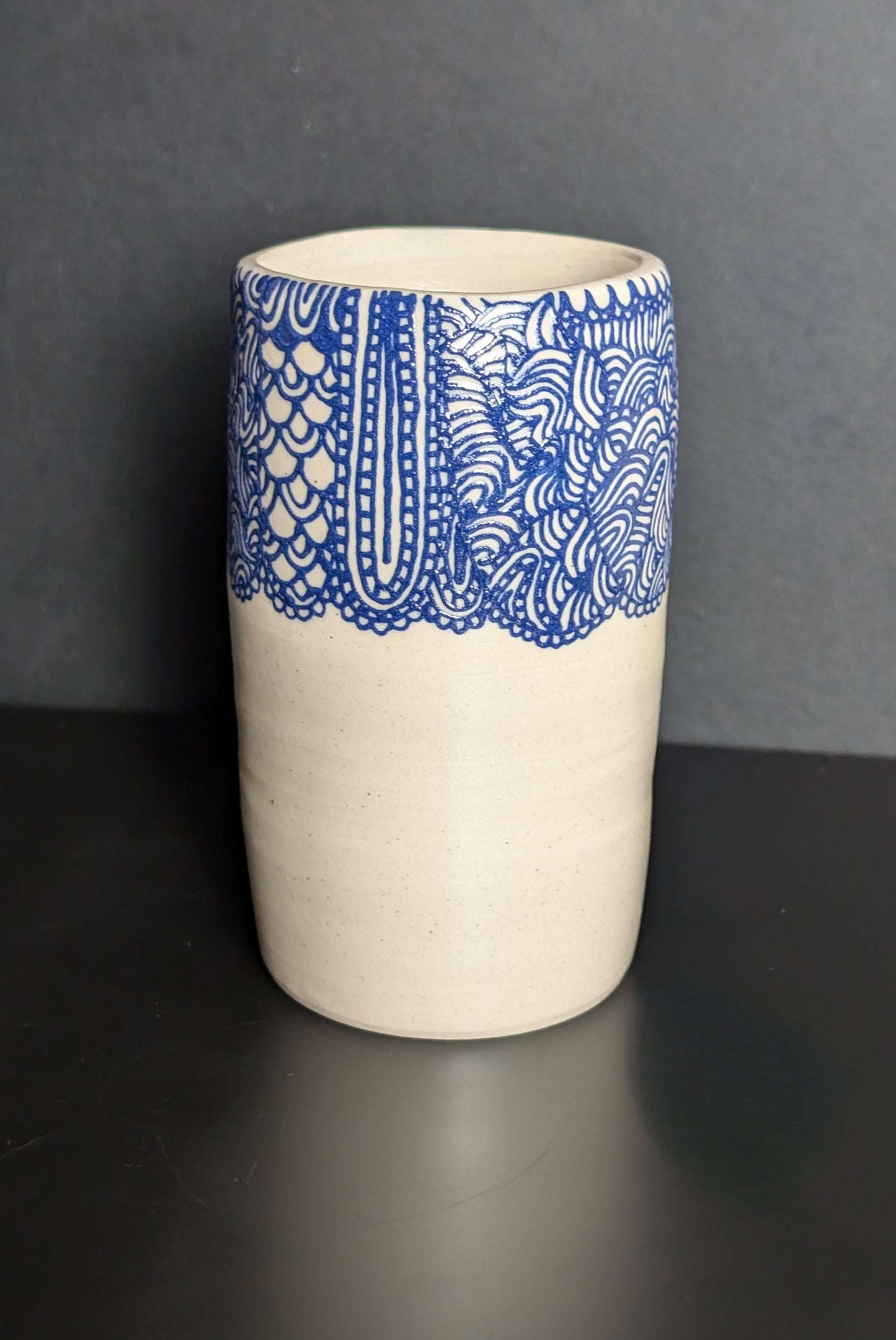 Large Posy Vase, Blue Lacey Slip Trail Decoration