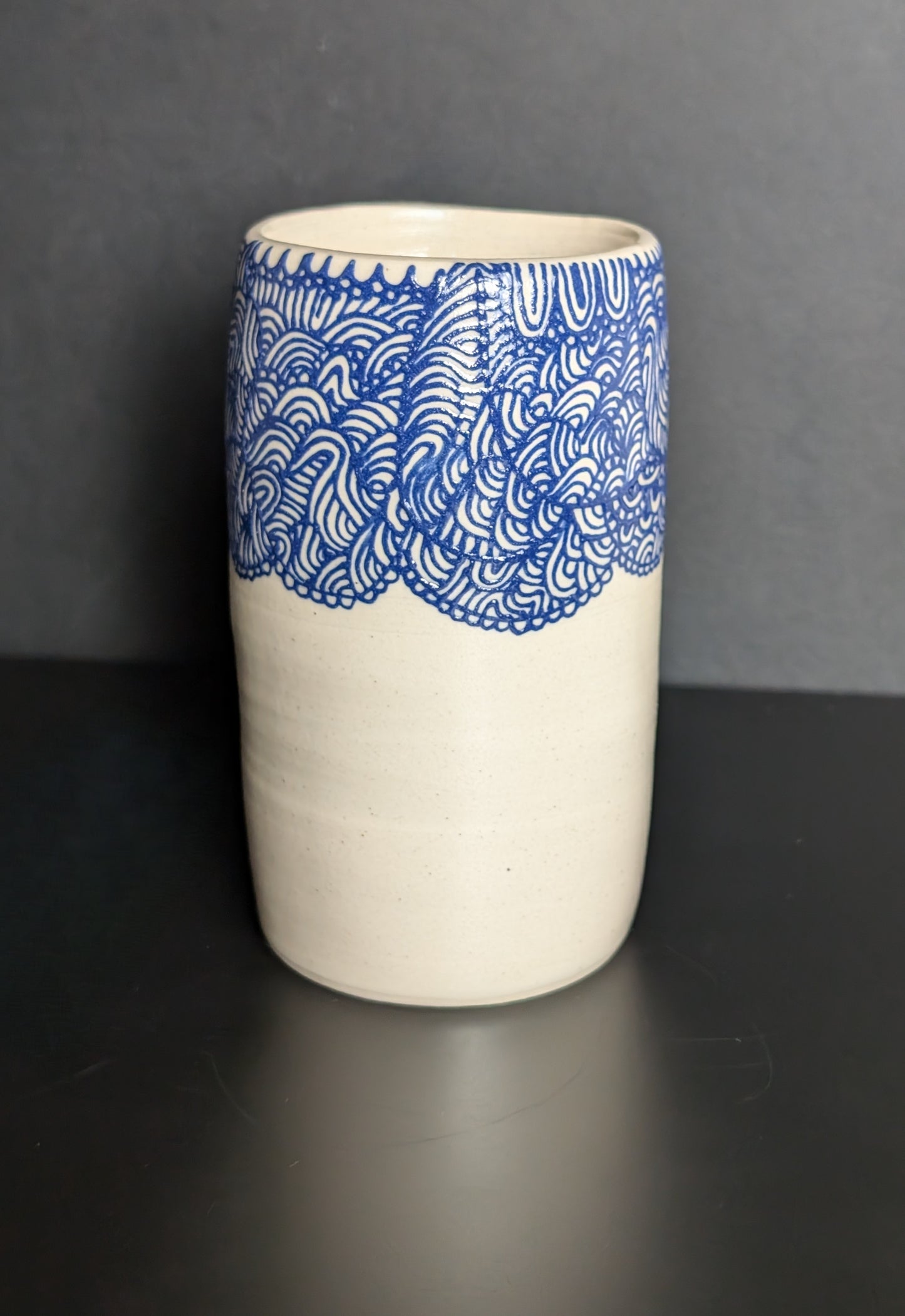 Large Posy Vase, Blue Lacey Slip Trail Decoration