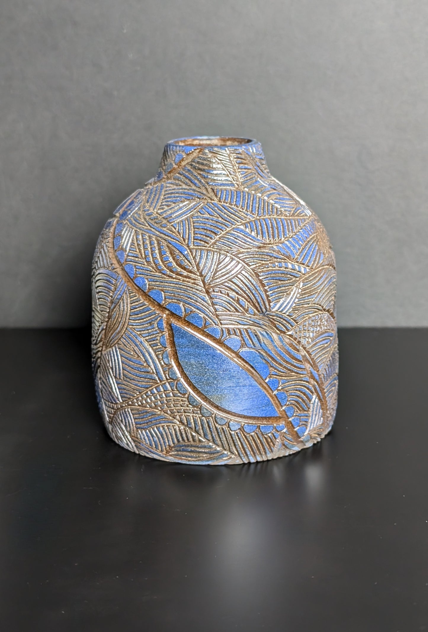 Maxi Bud Black Bottle Vase, Blue Sgraffito Decoration