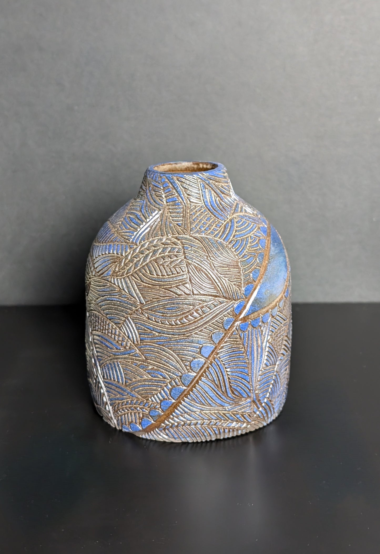 Maxi Bud Black Bottle Vase, Blue Sgraffito Decoration