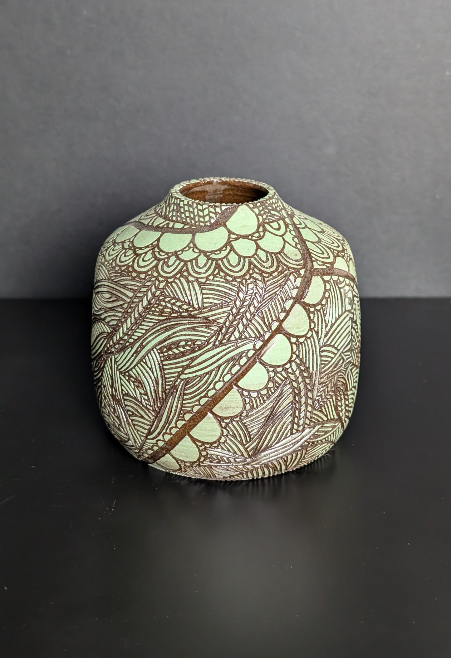 Maxi Bud Black Bottle Vase, Green Sgraffito Decoration