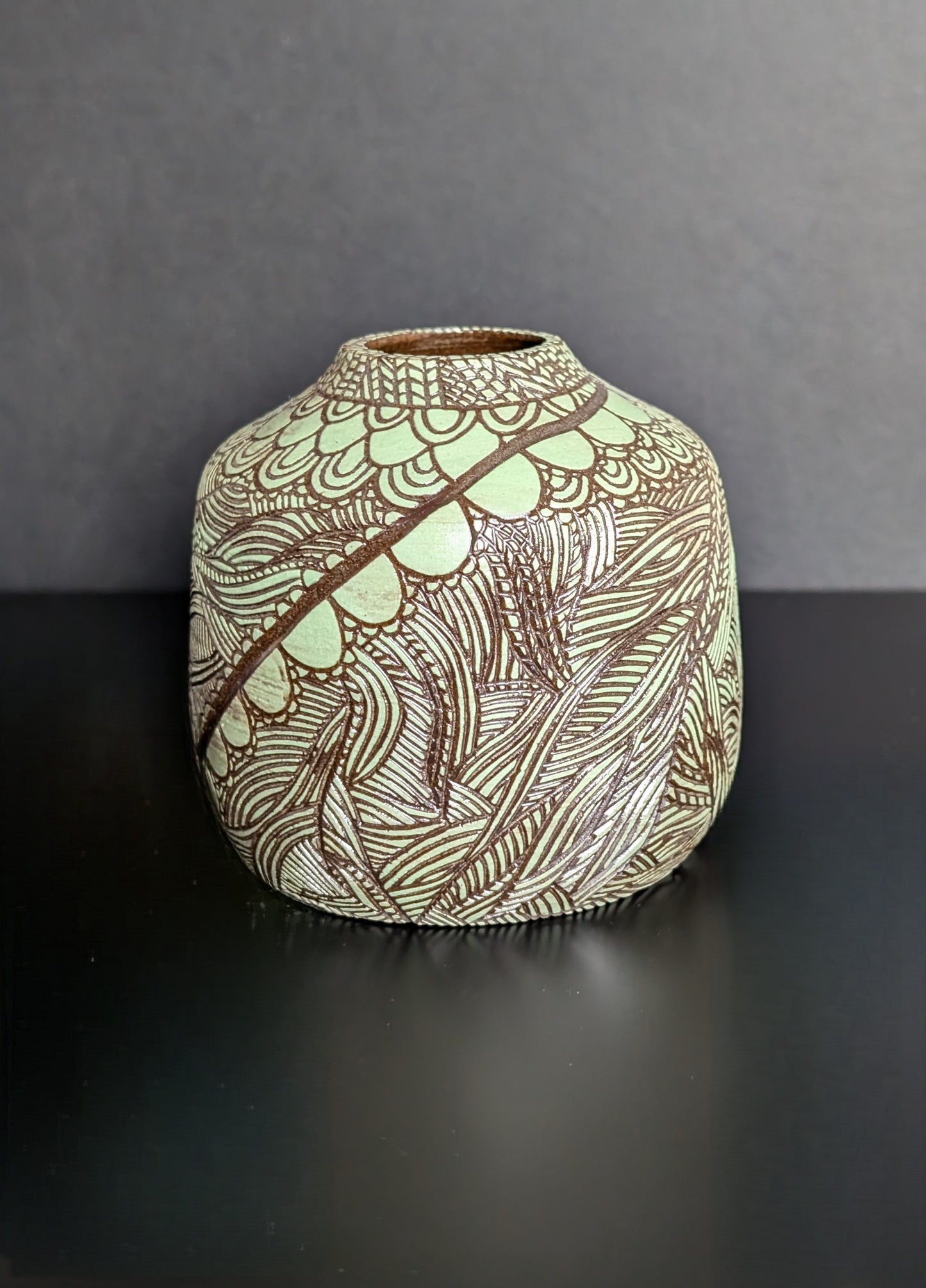 Maxi Bud Black Bottle Vase, Green Sgraffito Decoration
