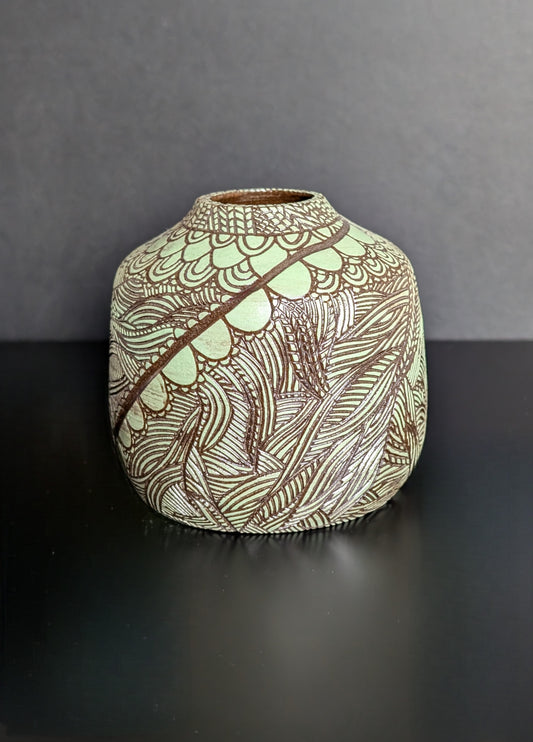 Maxi Bud Black Bottle Vase, Green Sgraffito Decoration