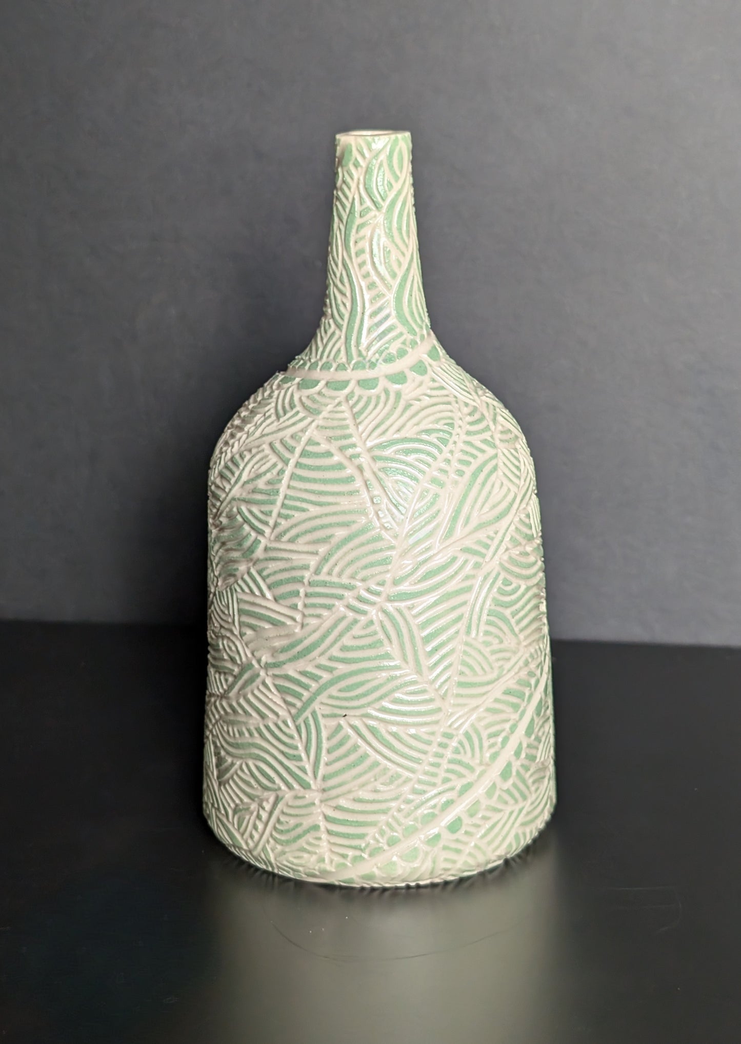 Maxi Bud Bottle Vase, Green Sgraffito Decoration