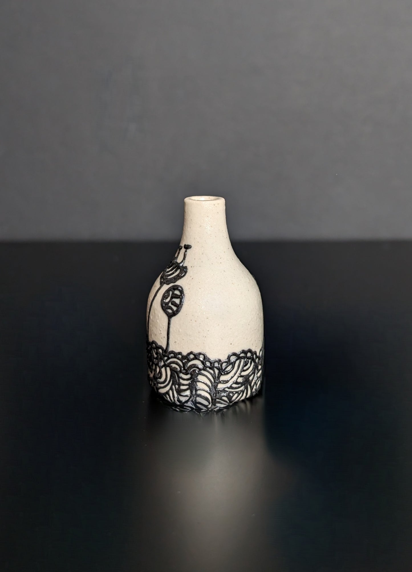 Midi Bud Vase, Black slip trail landscape decorated vase