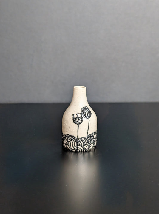 Midi Bud Vase, Black slip trail landscape decorated vase