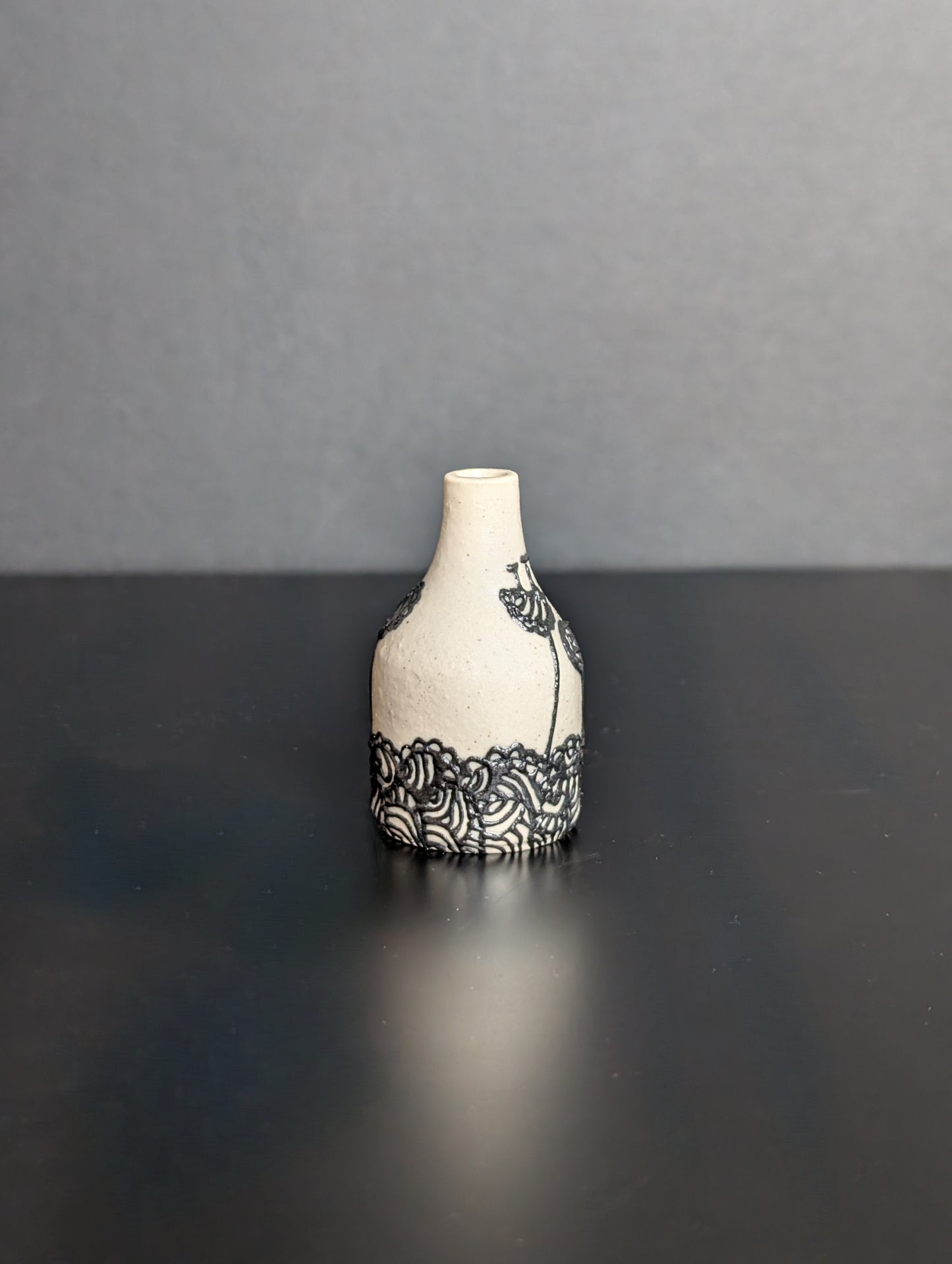 Midi Bud Vase, Black slip trail landscape decorated vase