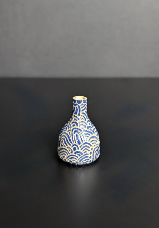 Mini Bud Vase, Blue Flourish Sgraffito Bottle
