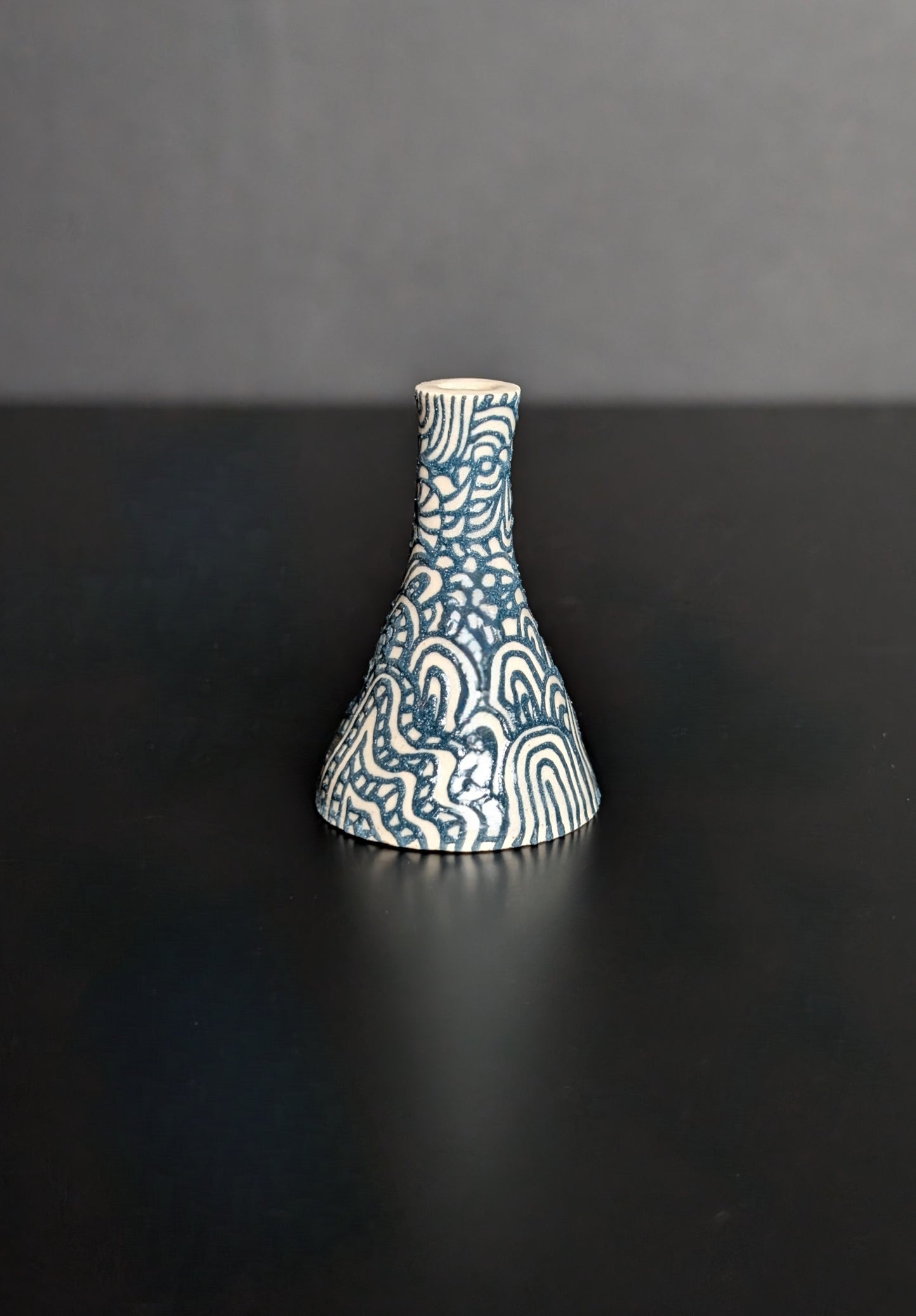 Mini Bottle Bud Vase, slip trail decoration in Teal Flourish design