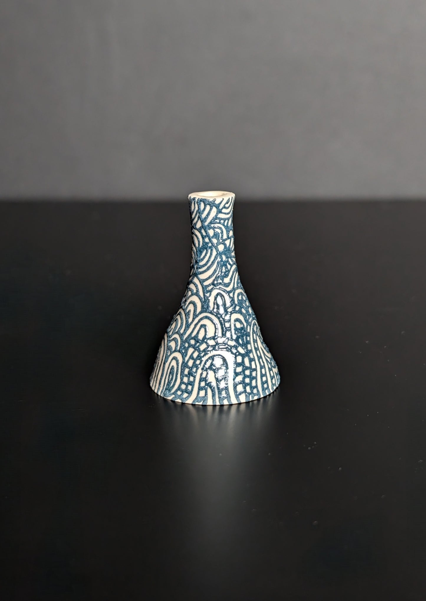 Mini Bottle Bud Vase, slip trail decoration in Teal Flourish design