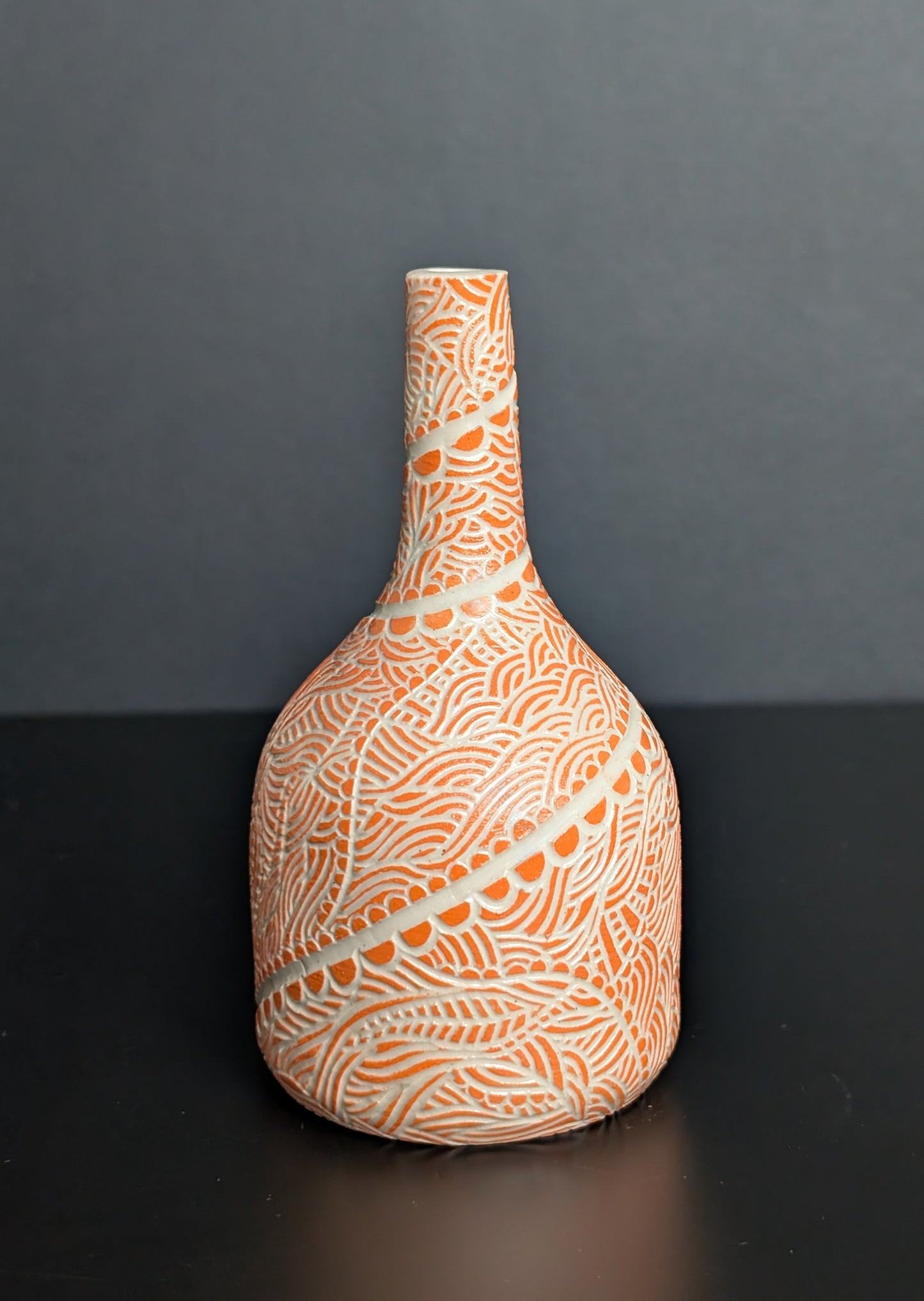 Bud Bottle Vase, Orange Flowing Sgraffito Decoration