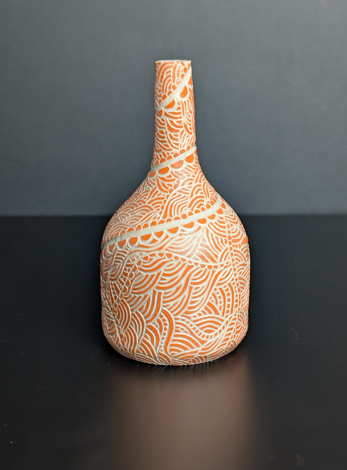 Bud Bottle Vase, Orange Flowing Sgraffito Decoration