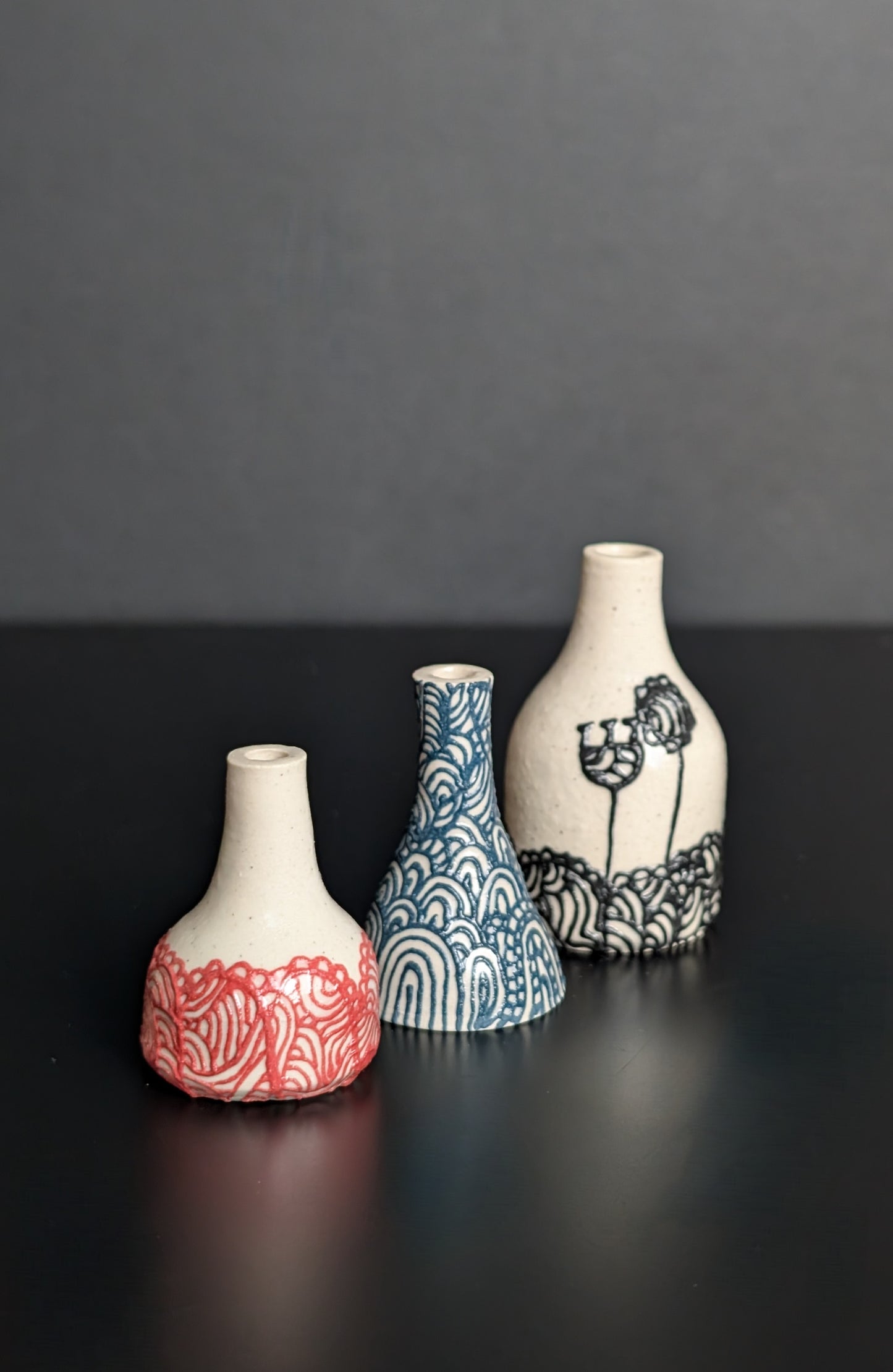 Mini Bottle Bud Vase, slip trail decoration in Teal Flourish design