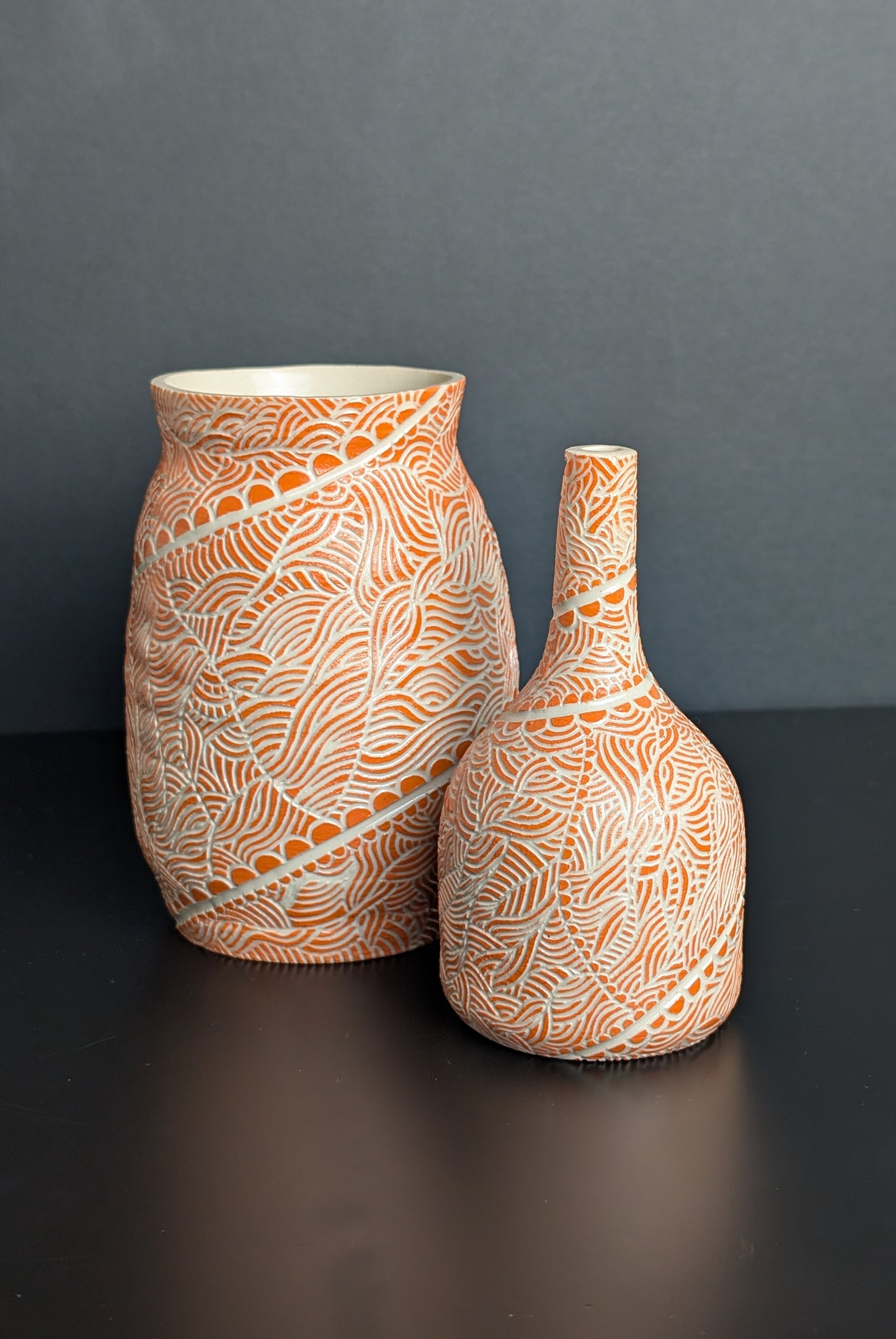 Orange Flowing Sgraffito Vase