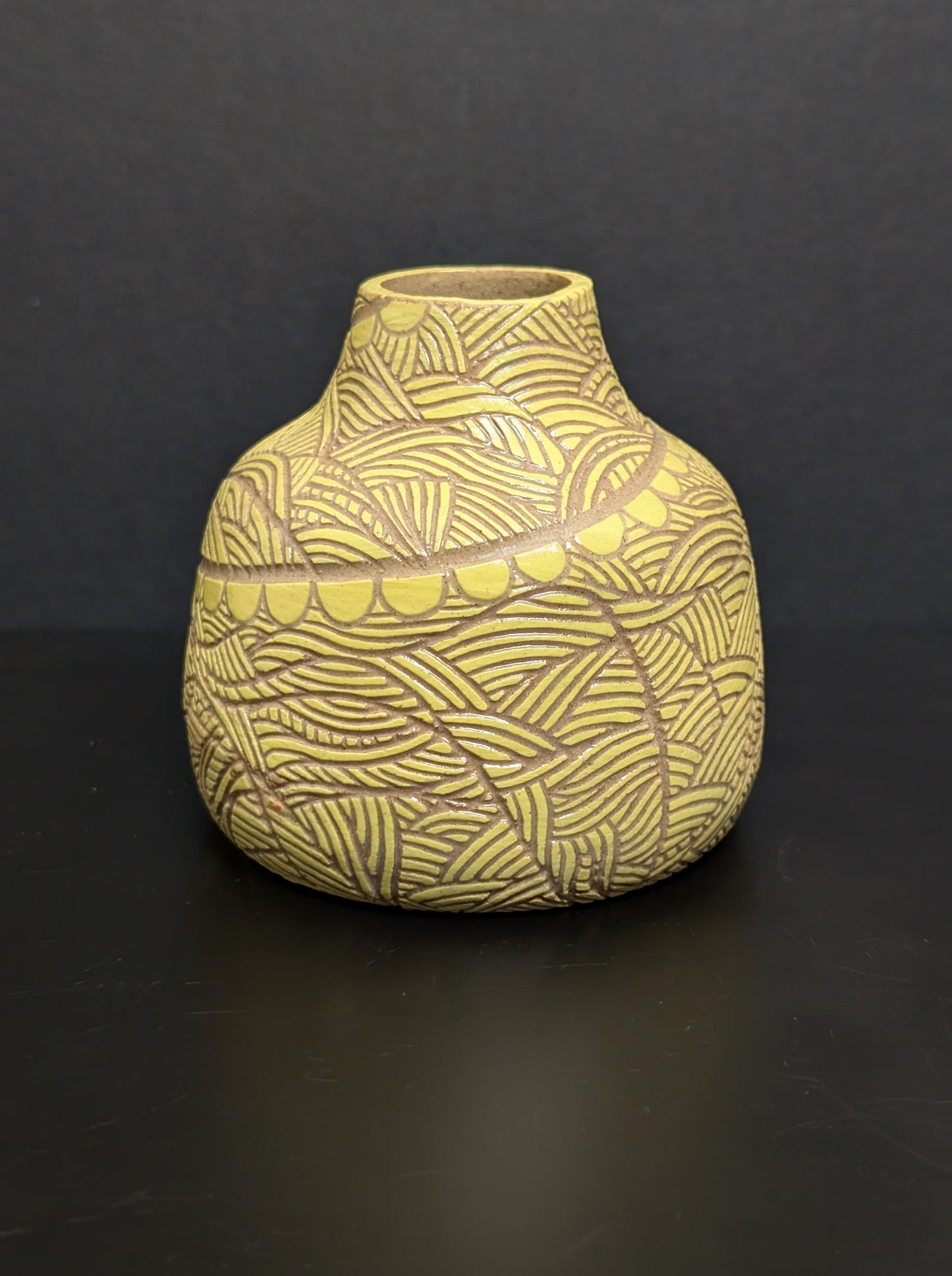 Yellow Bottle Vase, Fronds Sgraffito Decoration £85