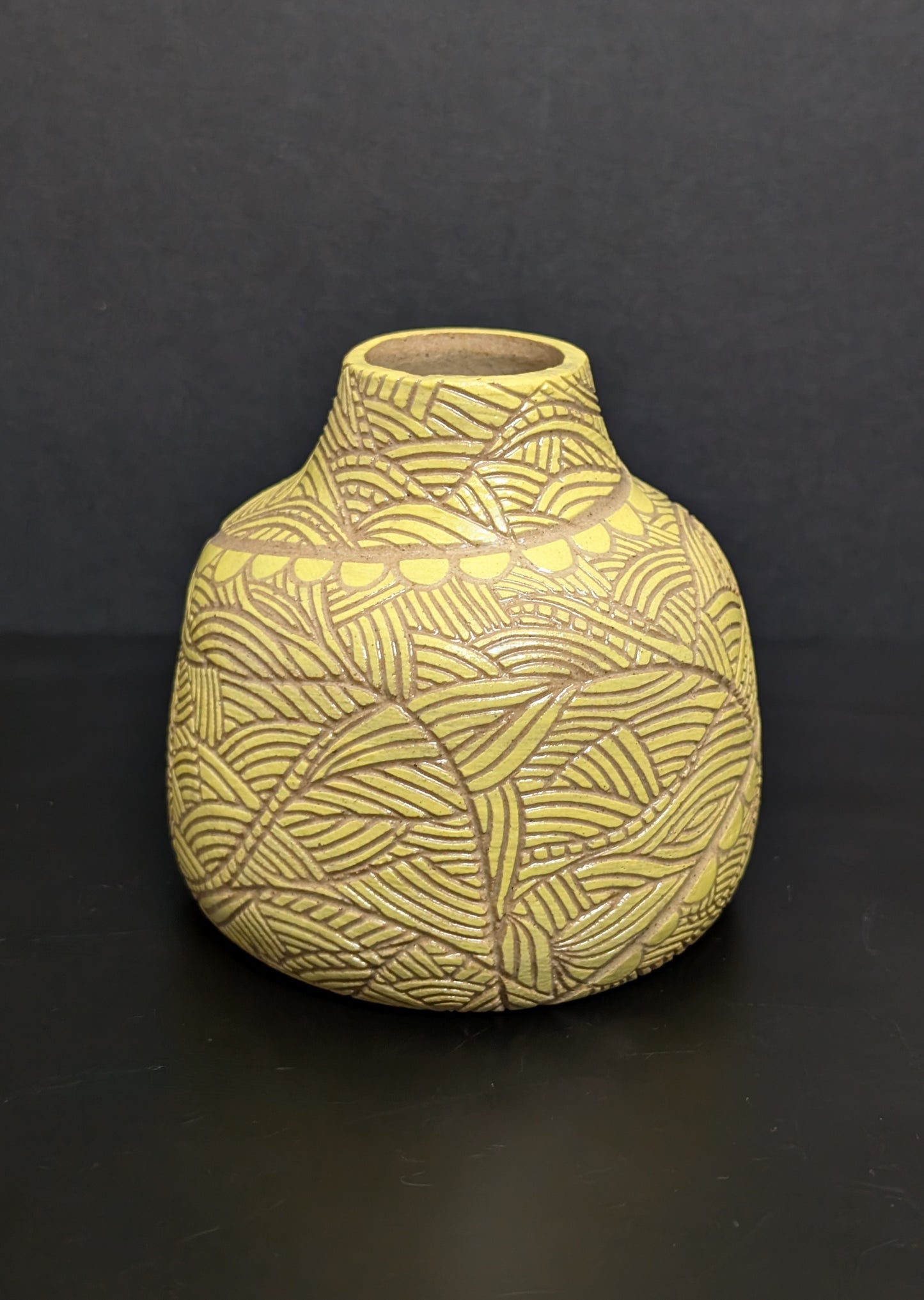 Yellow Bottle Vase, Fronds Sgraffito Decoration £85