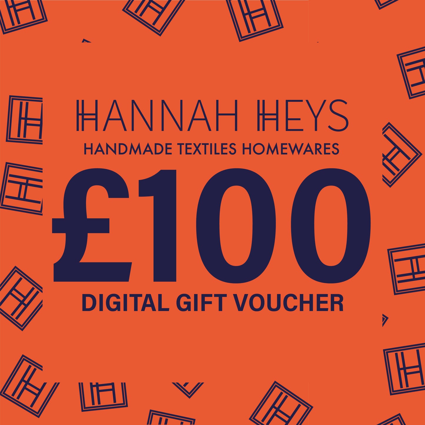 Bright Orange Image with Dark Purple Lettering, advertising a £100 Digital Gift Voucher for Hannah Heys Textiles.