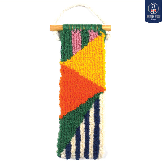 A contemporary hand punched miniature, using green, orange and triangle block colours and striped pink and green as well as blue and cream stripes. Wall Hanging using British Wool and yarn from previous projects. 
