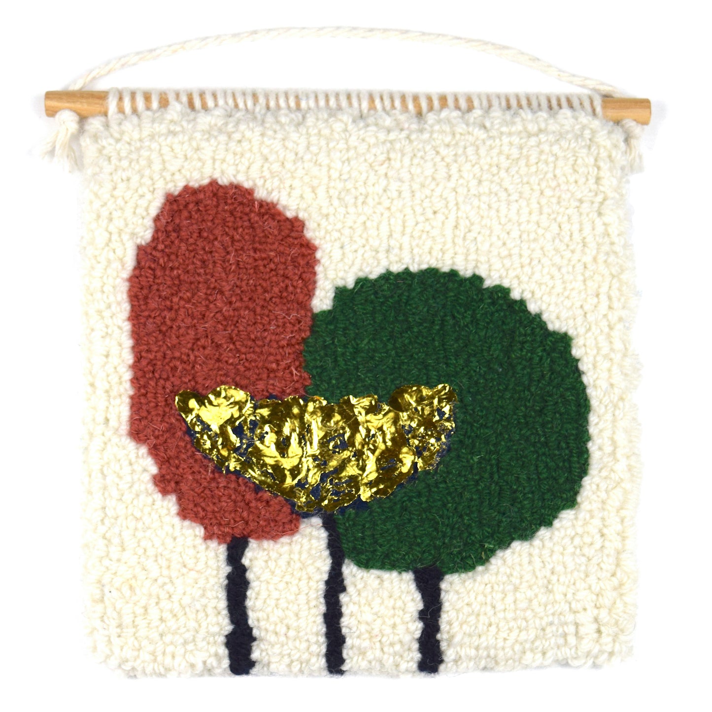 A loop pile hand tufted Wall Hanging uses simple shapes to create three sculpted trees in Coral, Green and Gold on a White background.