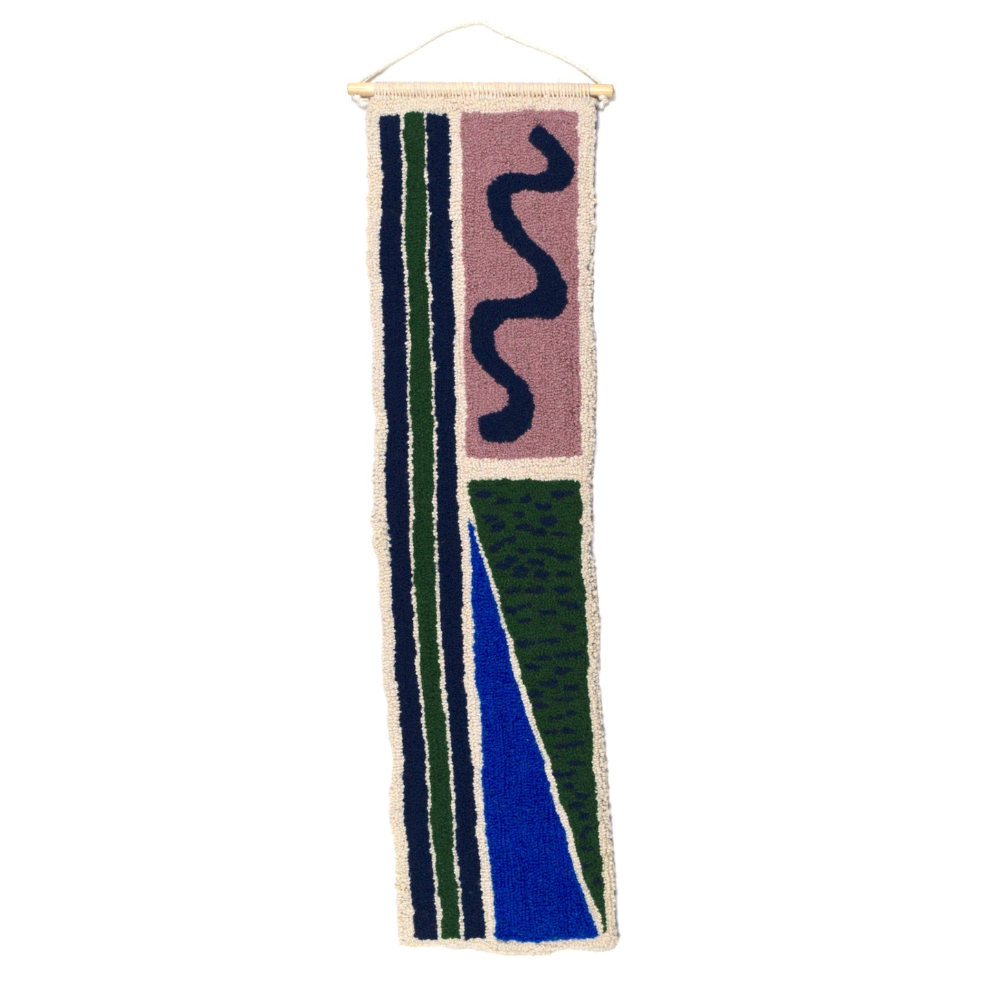A loop pile tufted wall hanging using doodled shapes, squiggles, rectangles, stripes, triangles and patterns using reclaimed yarns. Lilac, Navy, Cream, Royal Blue and Green.