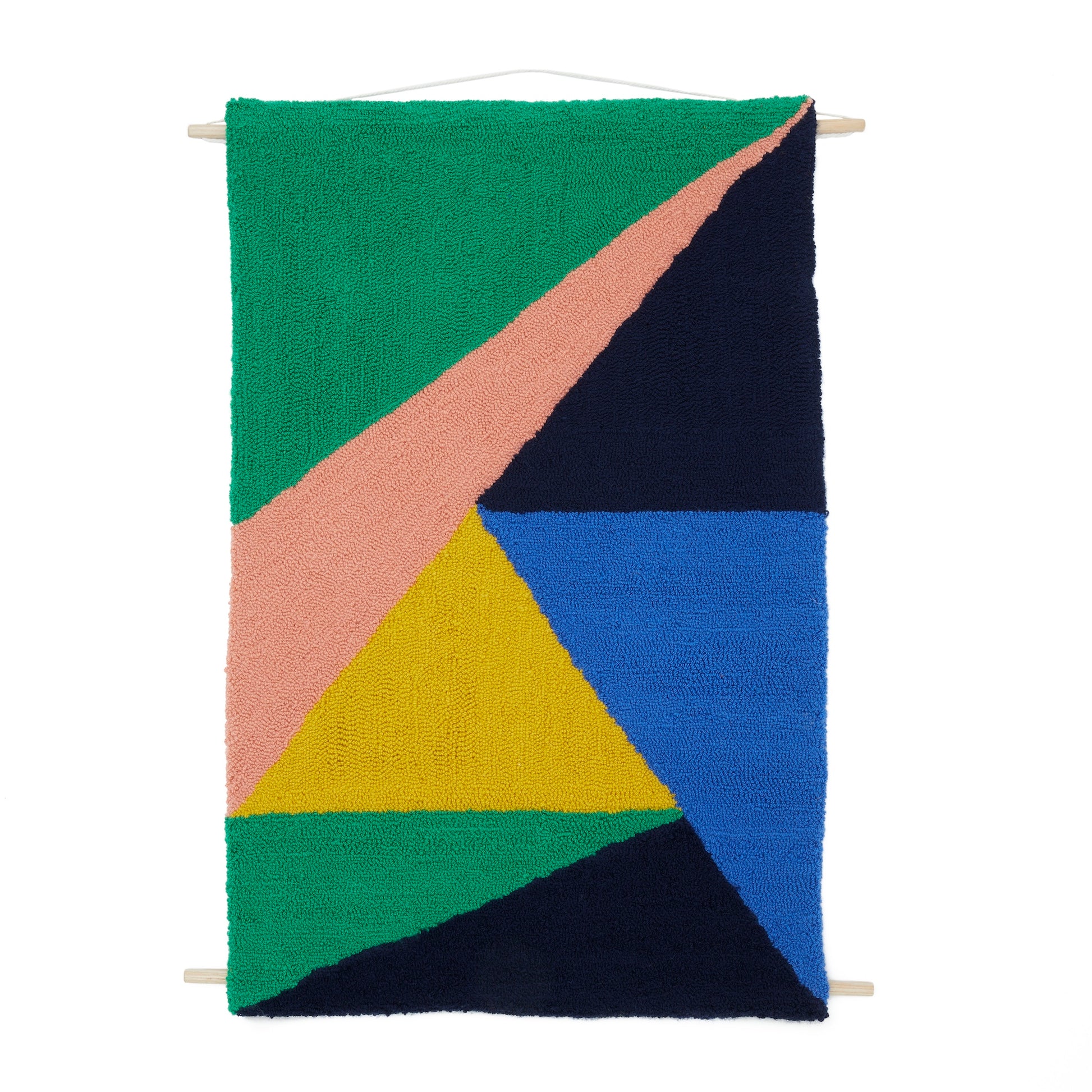 A harmonious collection of block colours (green, salmon, navy, royal blue and mustard). Arranged in a contemporary triangular design. Each pop of colour balanced perfectly with the rest of the design, this hand tufted wall hanging, a combination of both bold and calming colours.