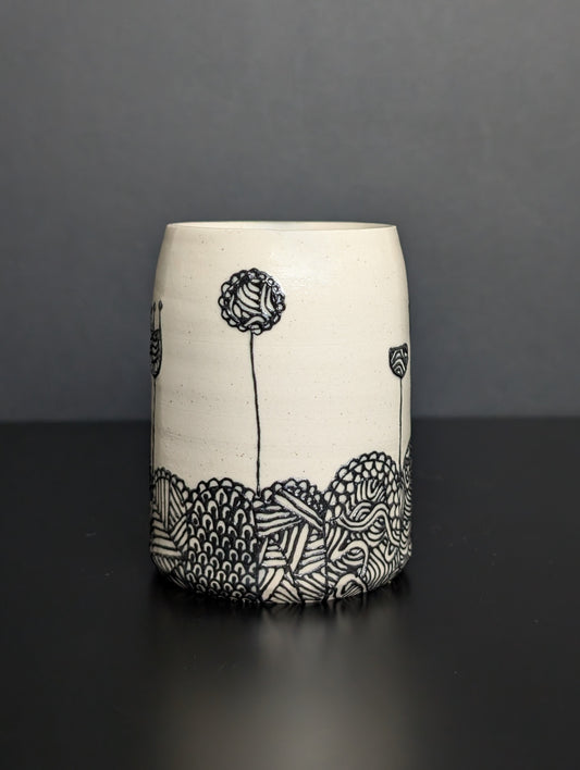 Black floral patterned landscape slip trailed mini bouquet vase