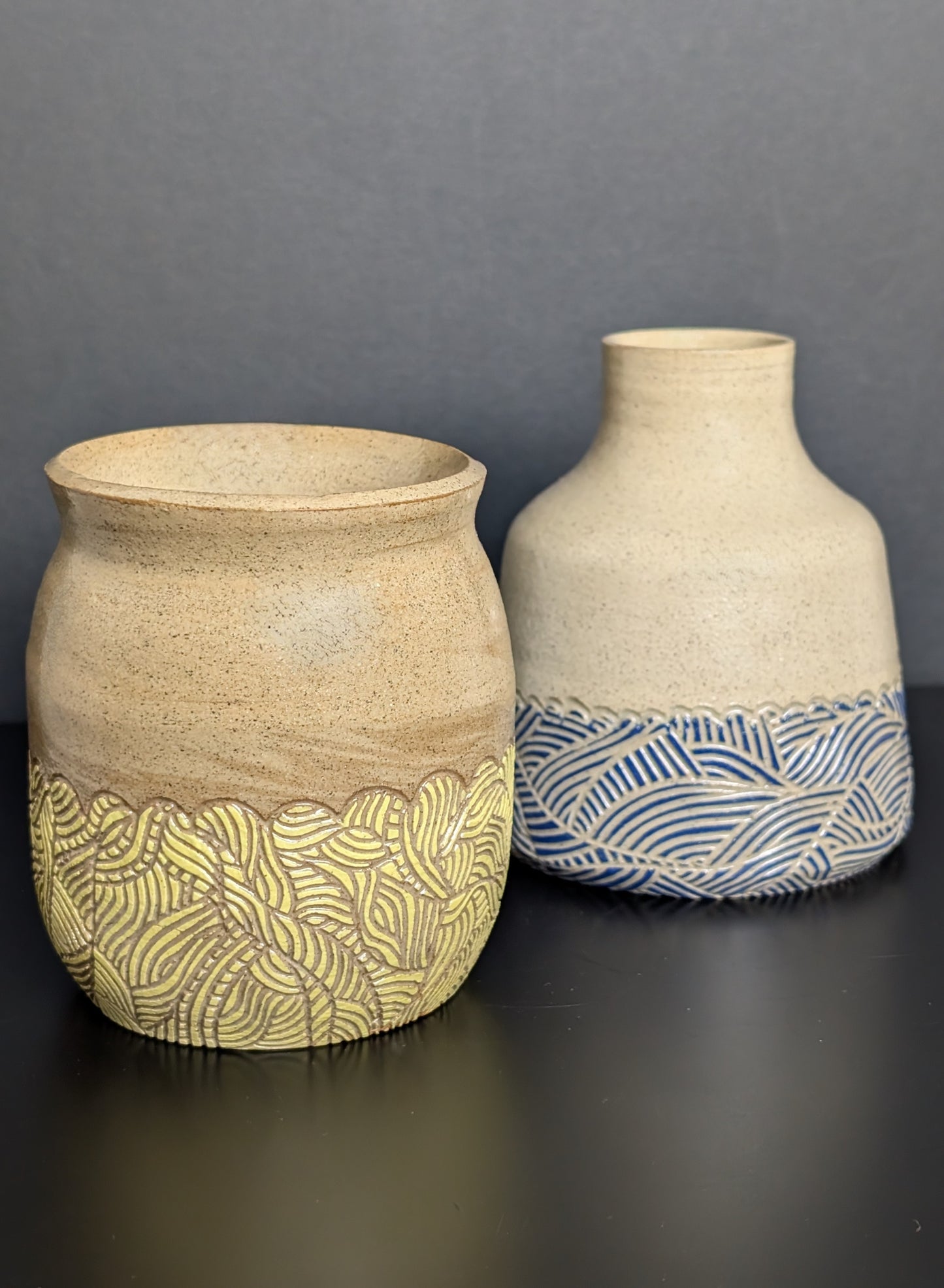 Ceramic vase dipped in colour with Sgraffito decoration 