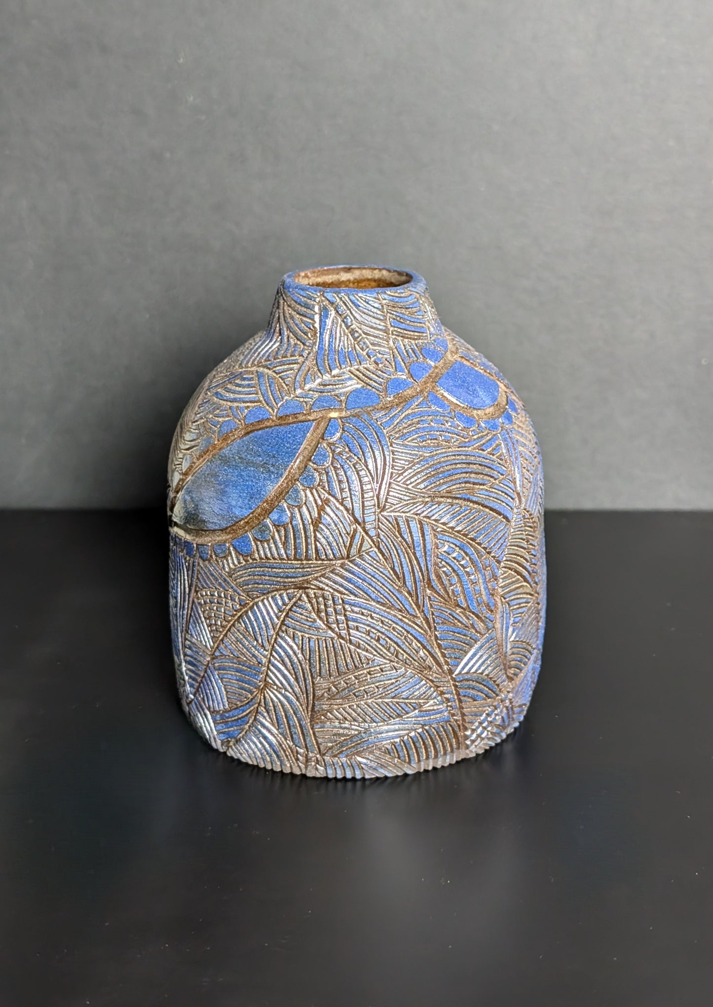 Maxi Bud Black Bottle Vase, Blue Sgraffito Decoration