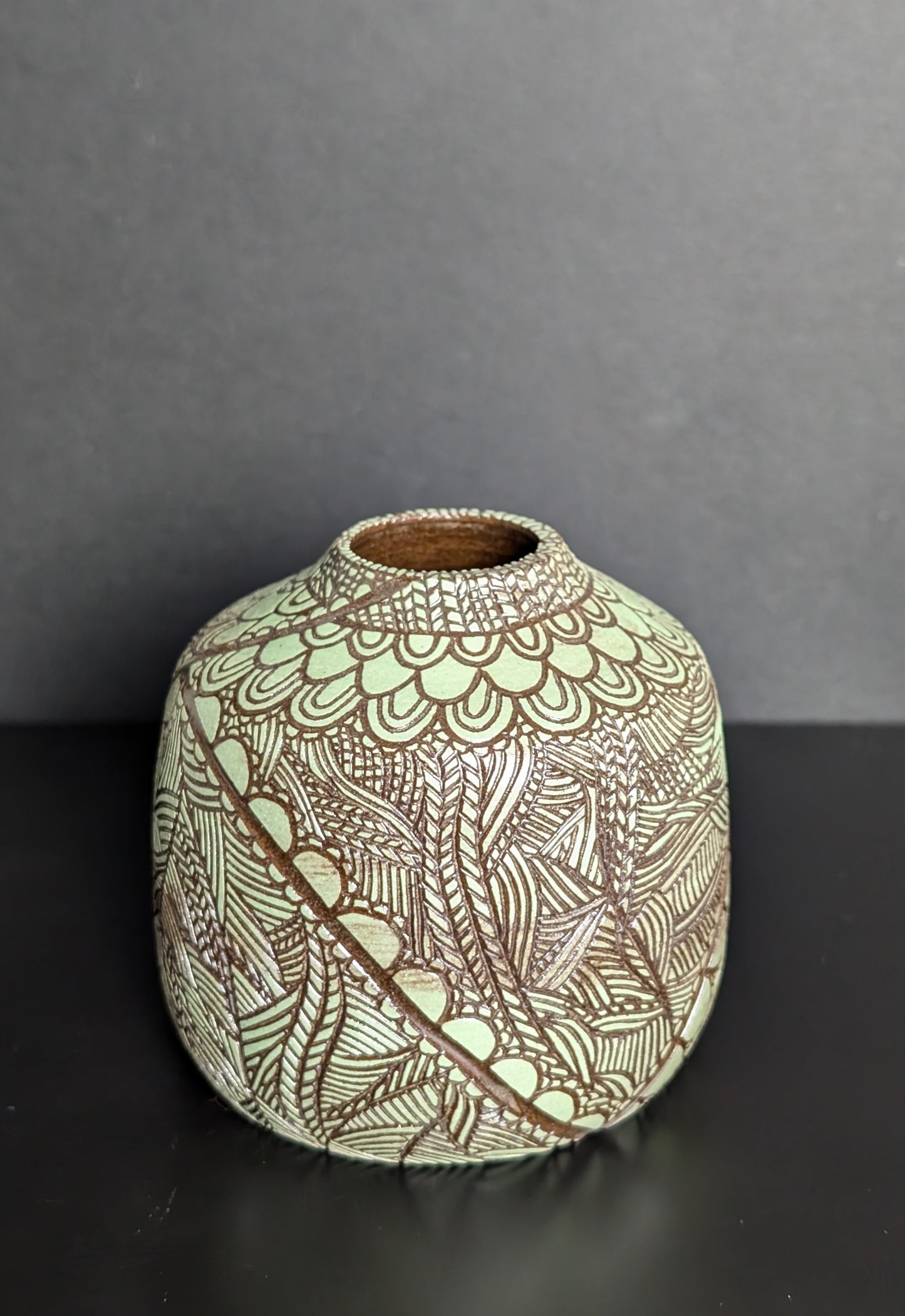 Maxi Bud Black Bottle Vase, Green Sgraffito Decoration