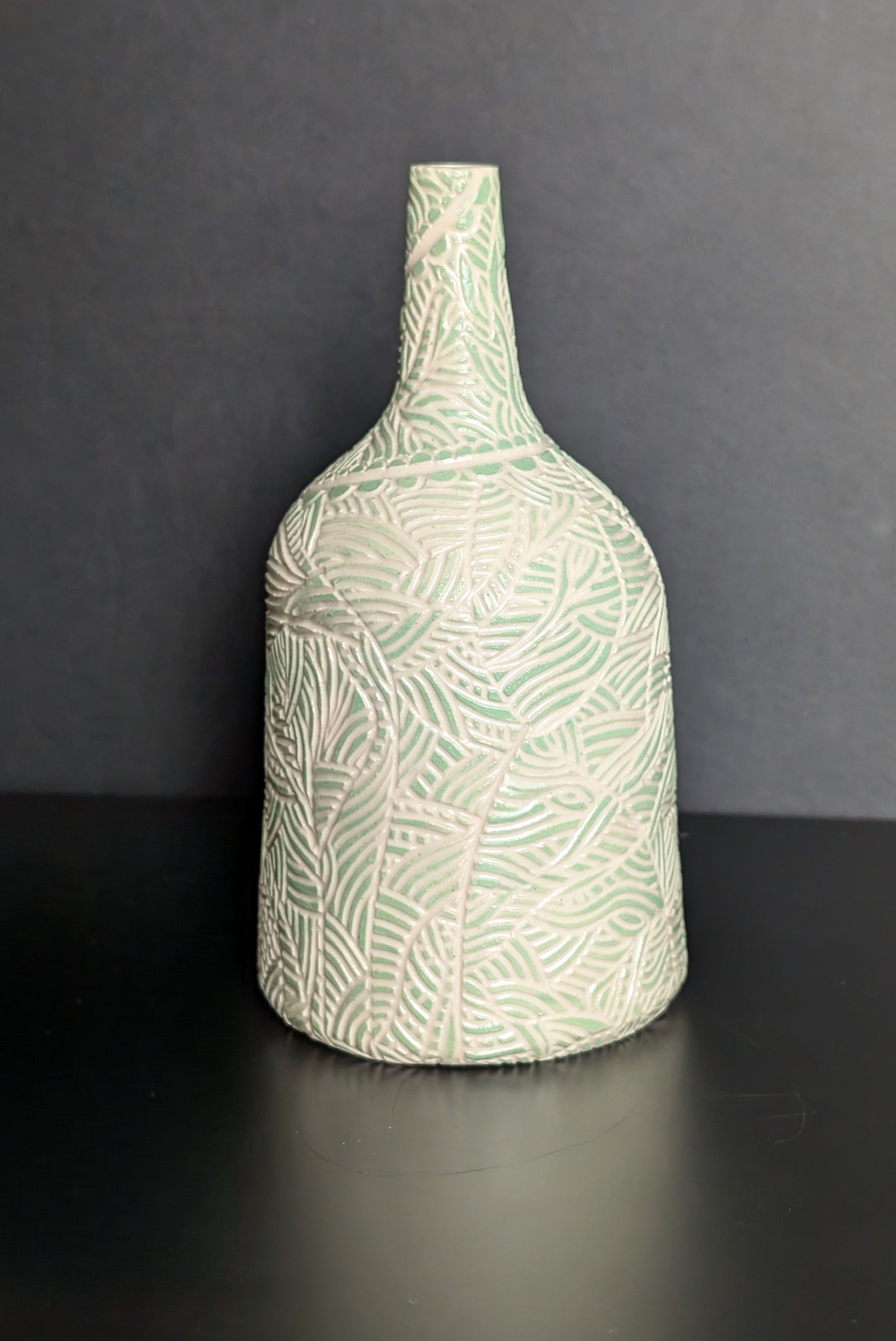 Maxi Bud Bottle Vase, Green Sgraffito Decoration