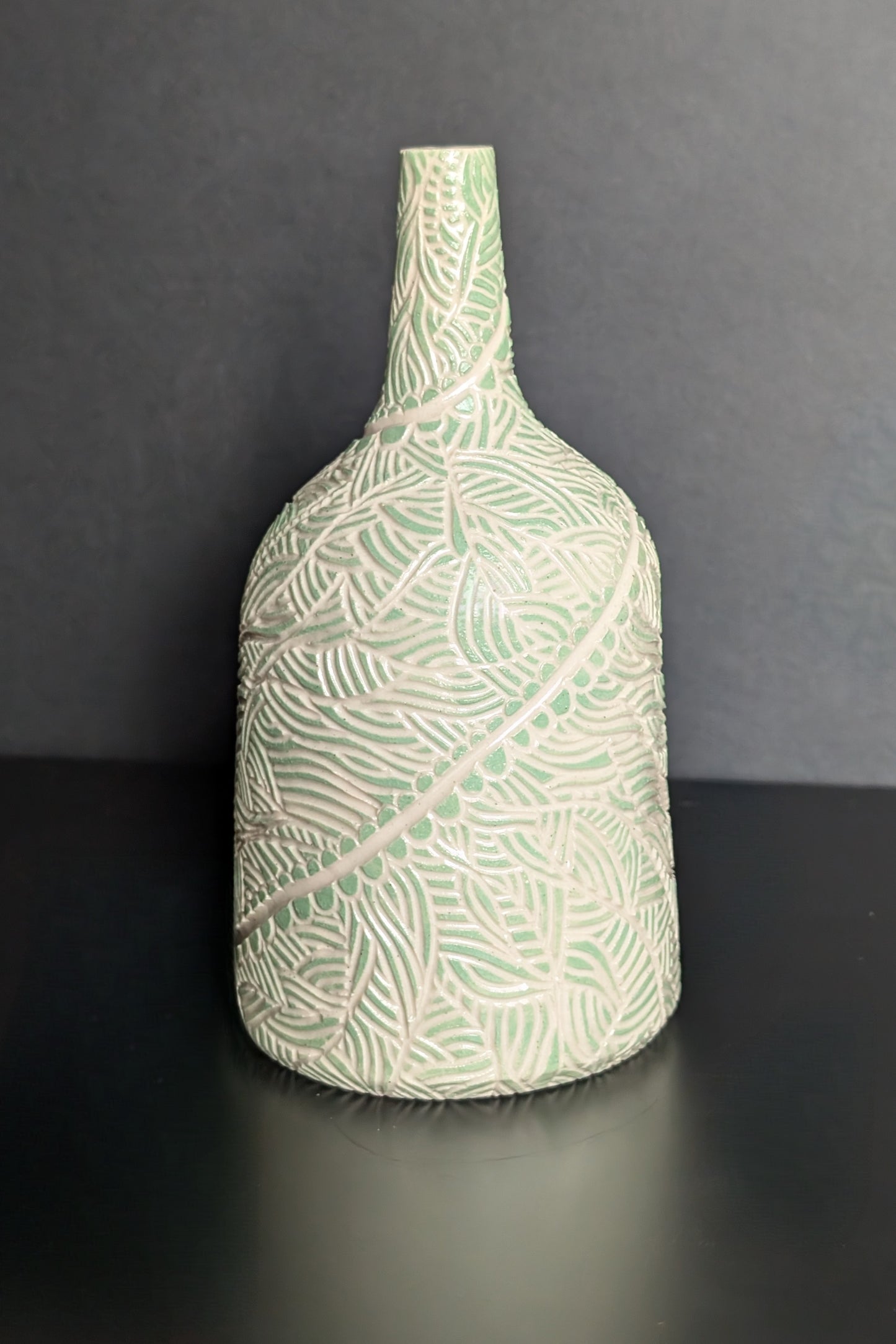 Maxi Bud Bottle Vase, Green Sgraffito Decoration