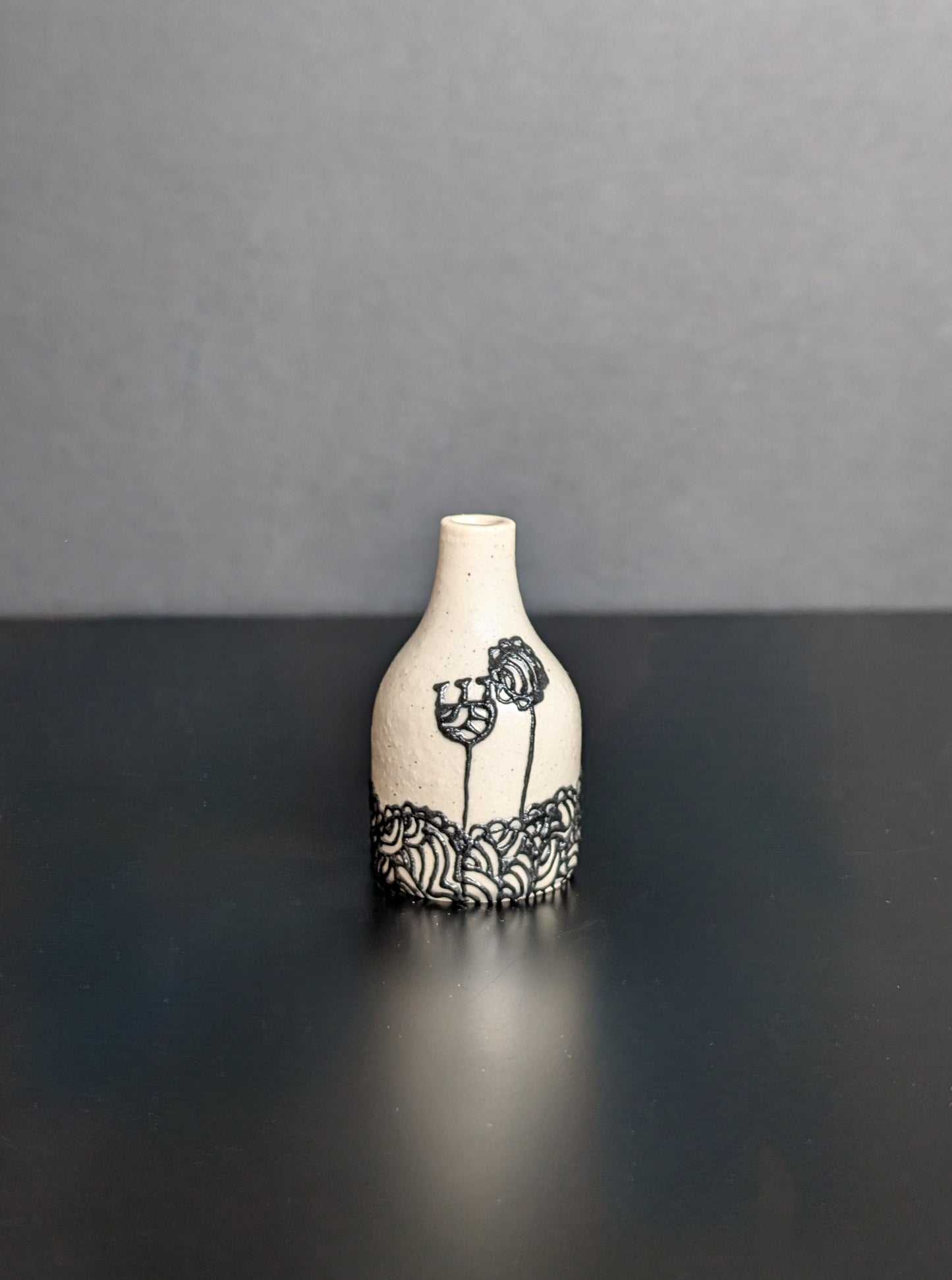 Midi Bud Vase, Black slip trail landscape decorated vase