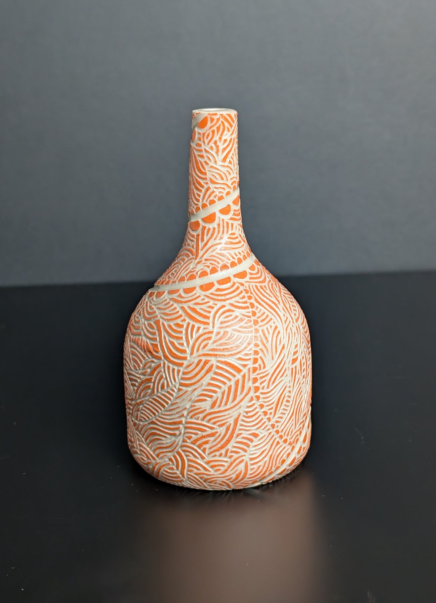 Bud Bottle Vase, Orange Flowing Sgraffito Decoration