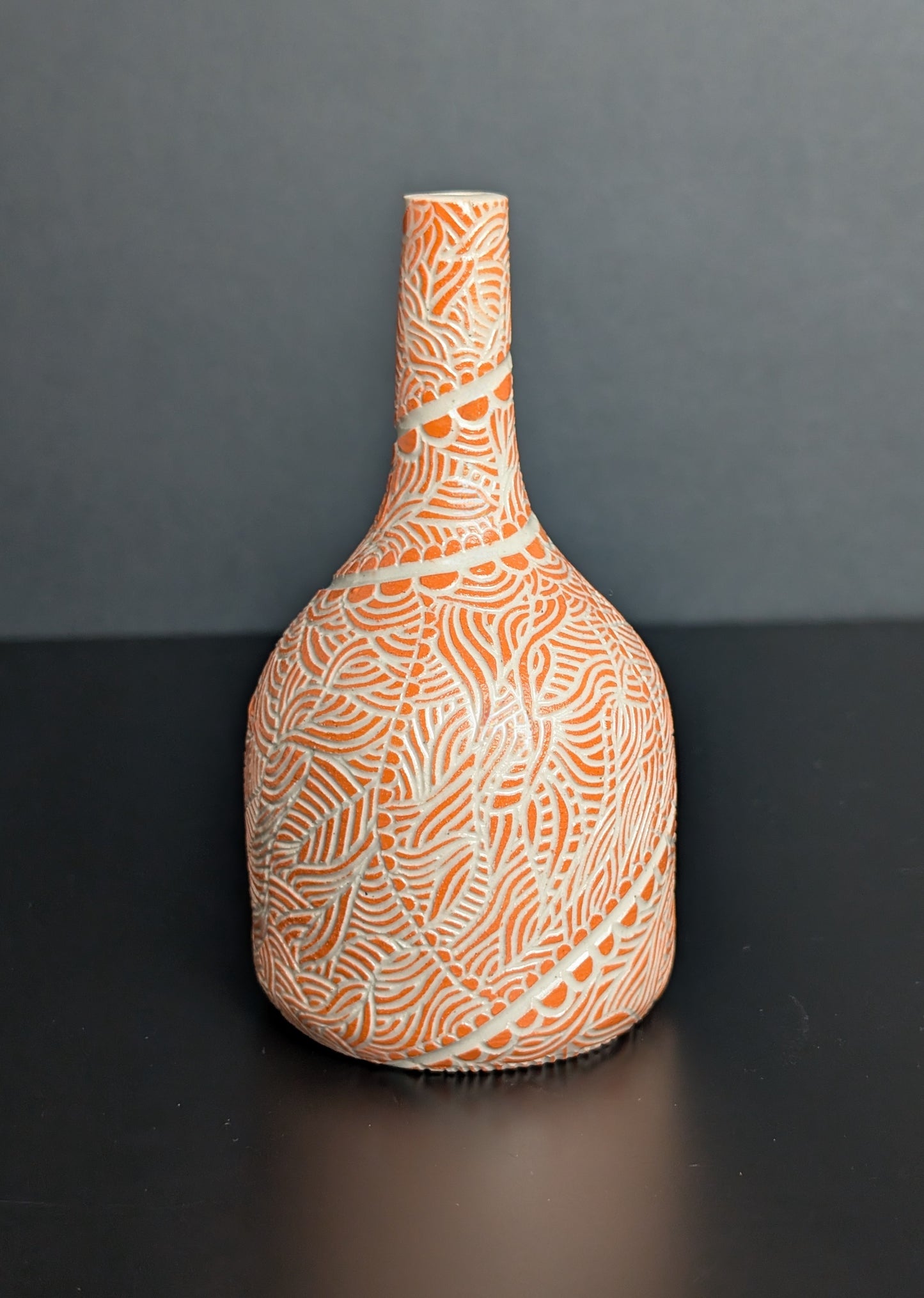 Bud Bottle Vase, Orange Flowing Sgraffito Decoration