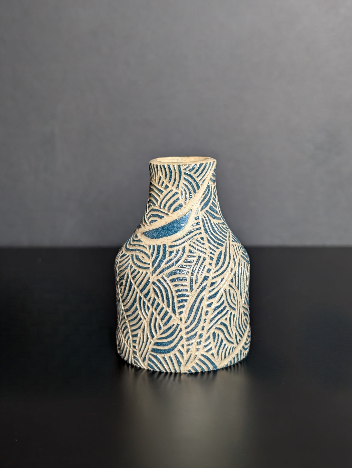 Small Posy Vase, Teal Sgraffito Decoration