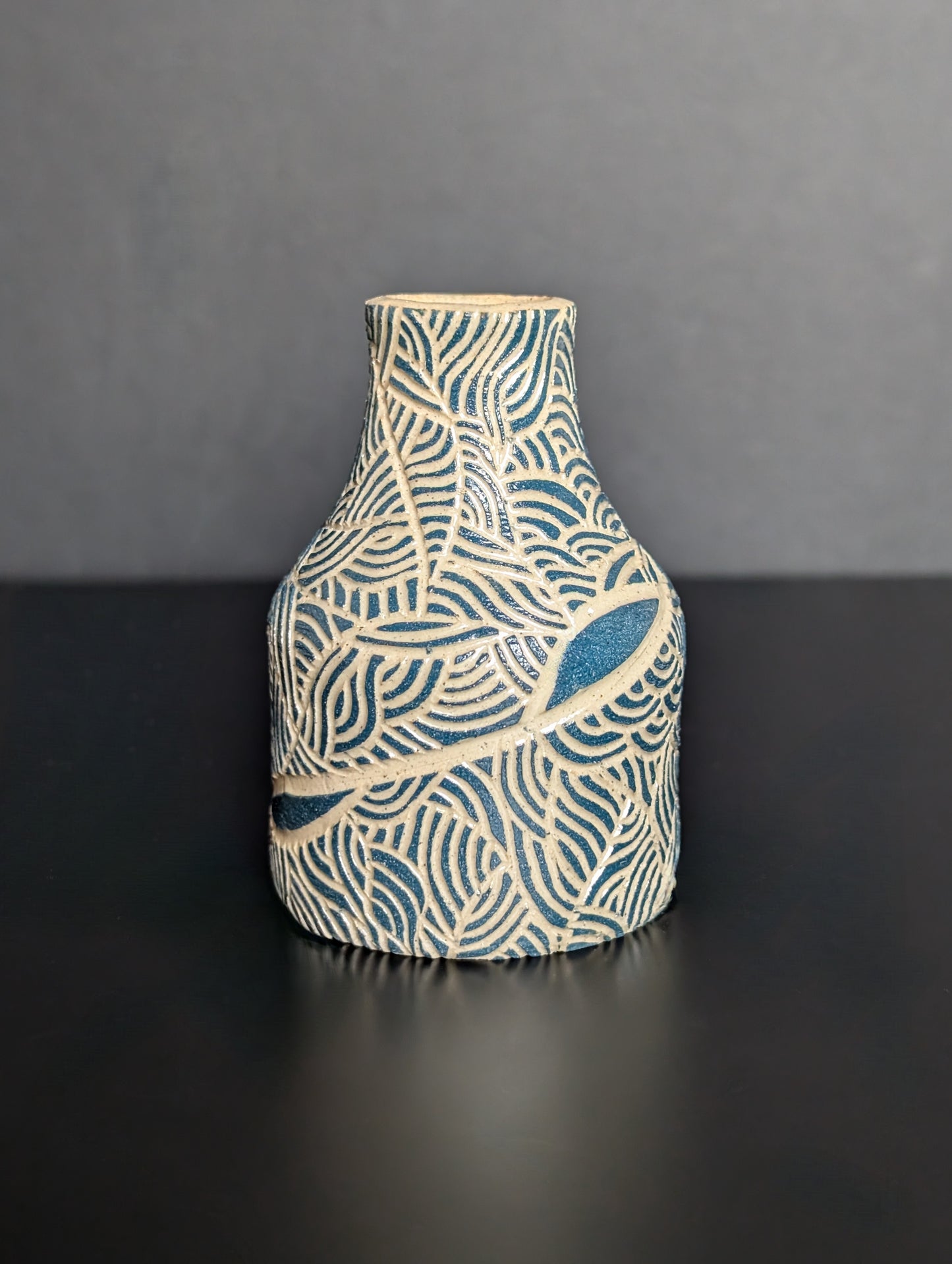 Small Posy Vase, Teal Sgraffito Decoration