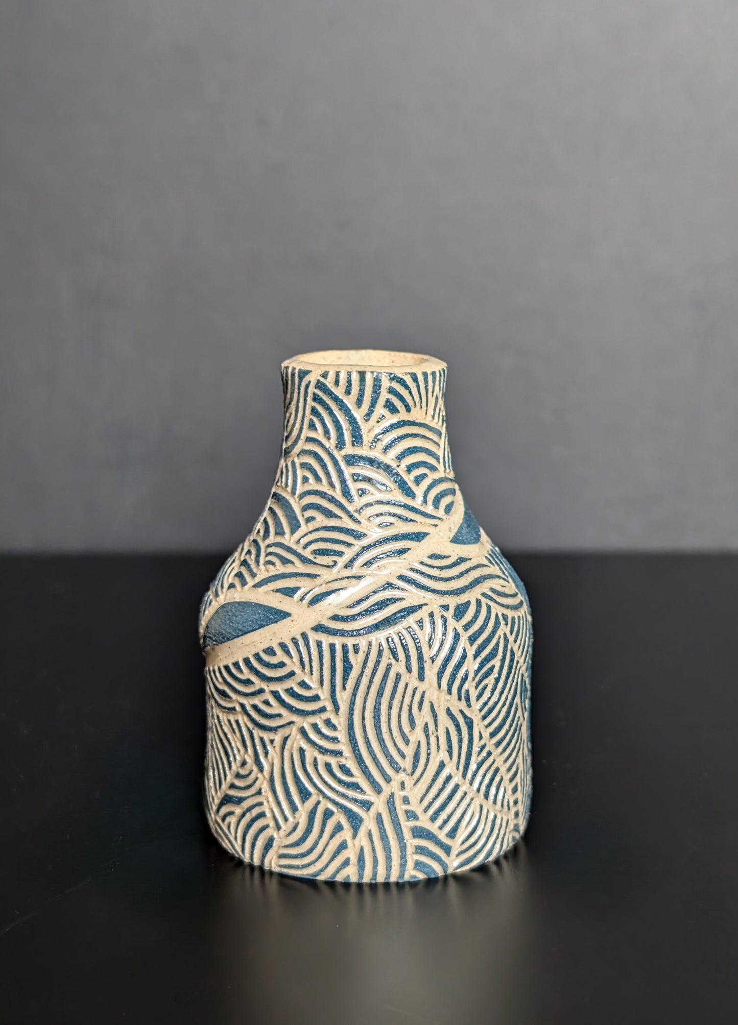 Small Posy Vase, Teal Sgraffito Decoration