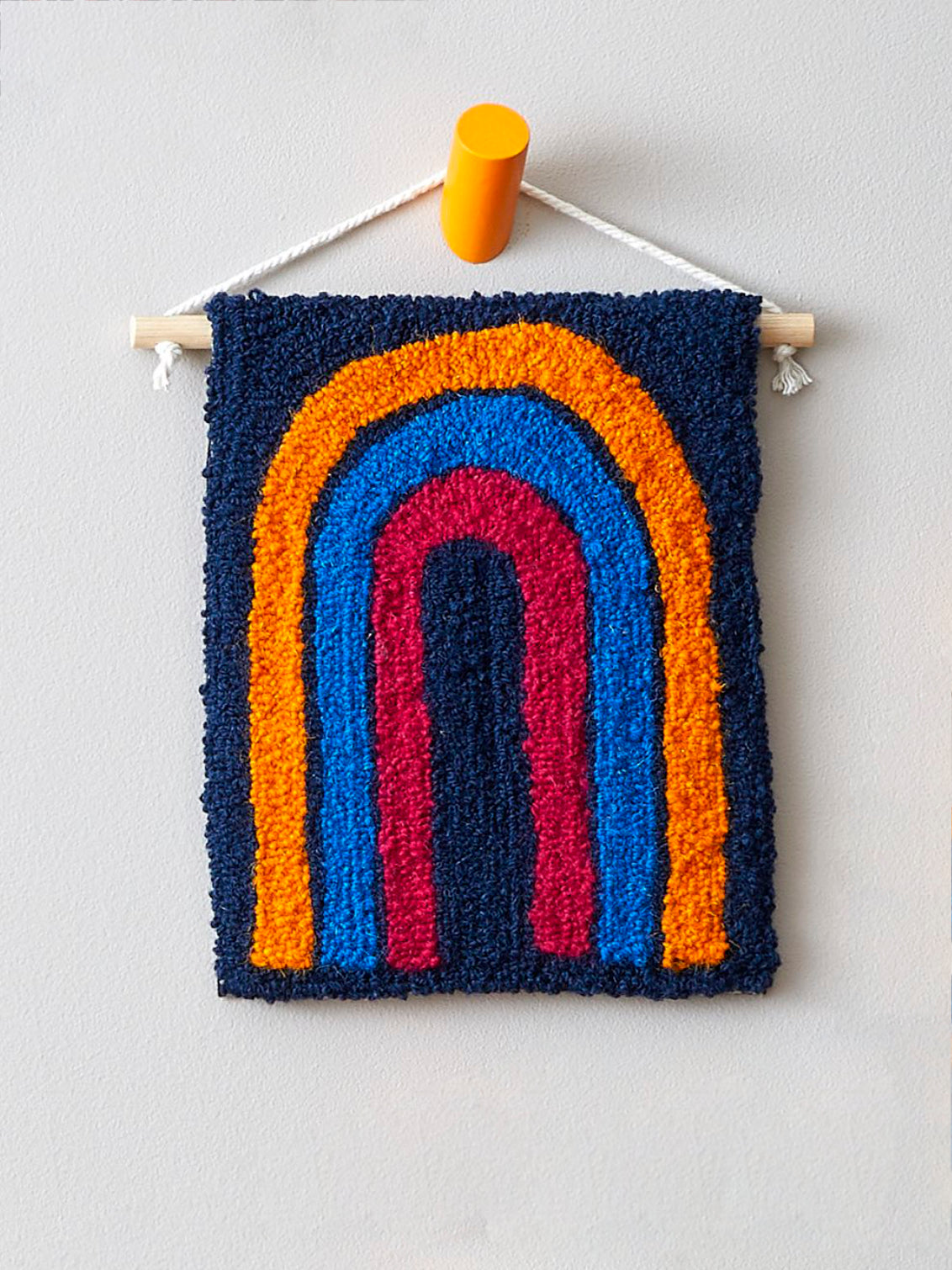 BRIGHT ORANGE, BLUE & PINK RAINBOW HAND TUFTED WALL HANGING