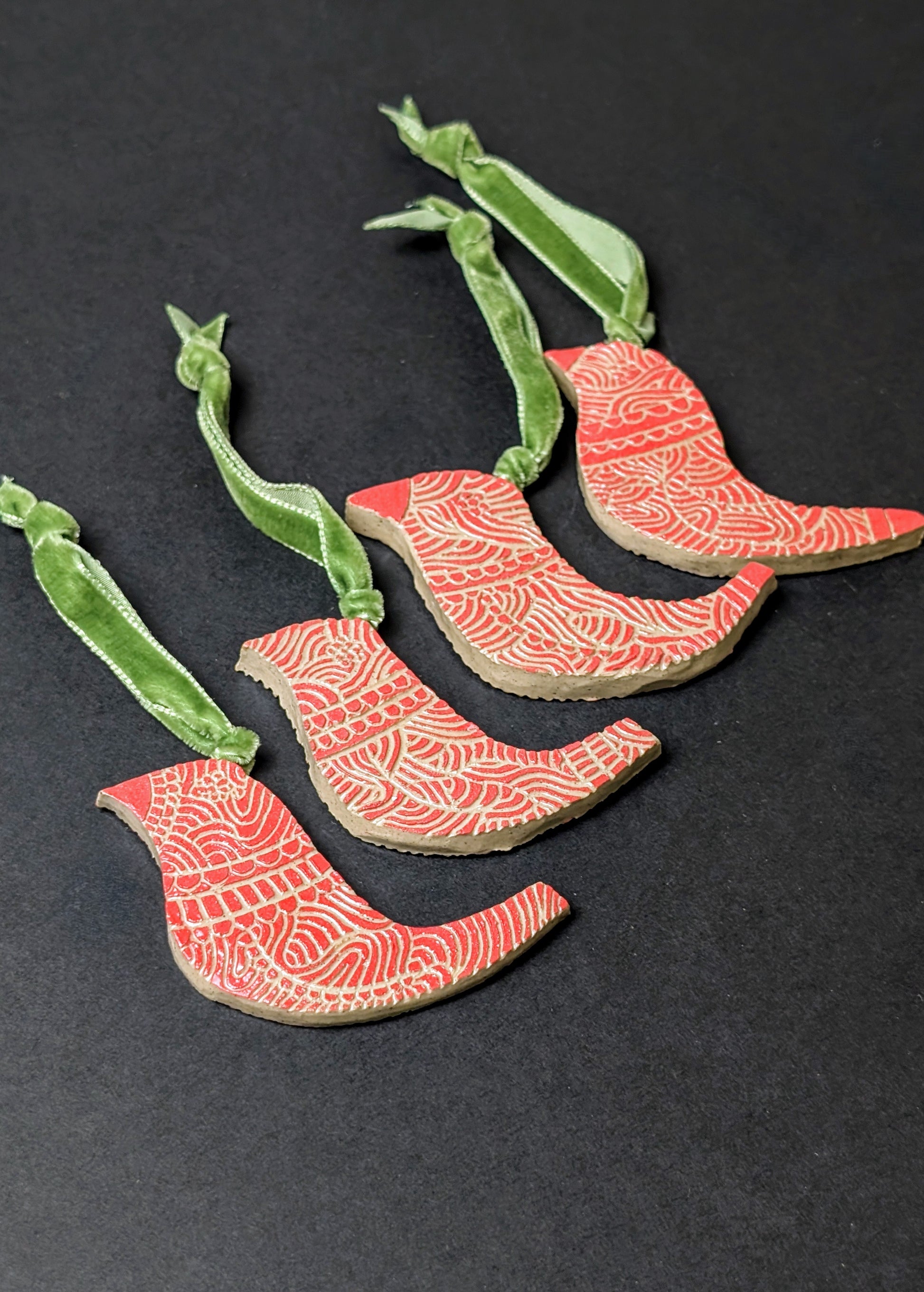 Red Bird Sgraffito Decoration with Green velvet hanging