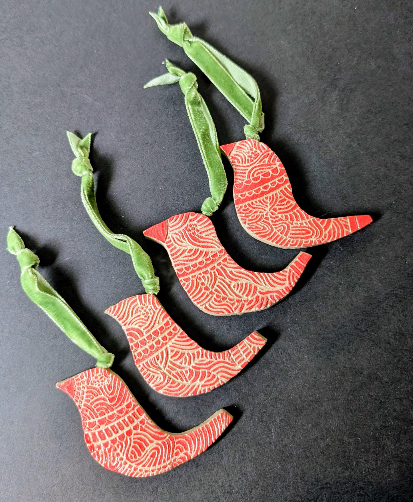Red Bird Sgraffito Decoration with Green velvet hanging 2
