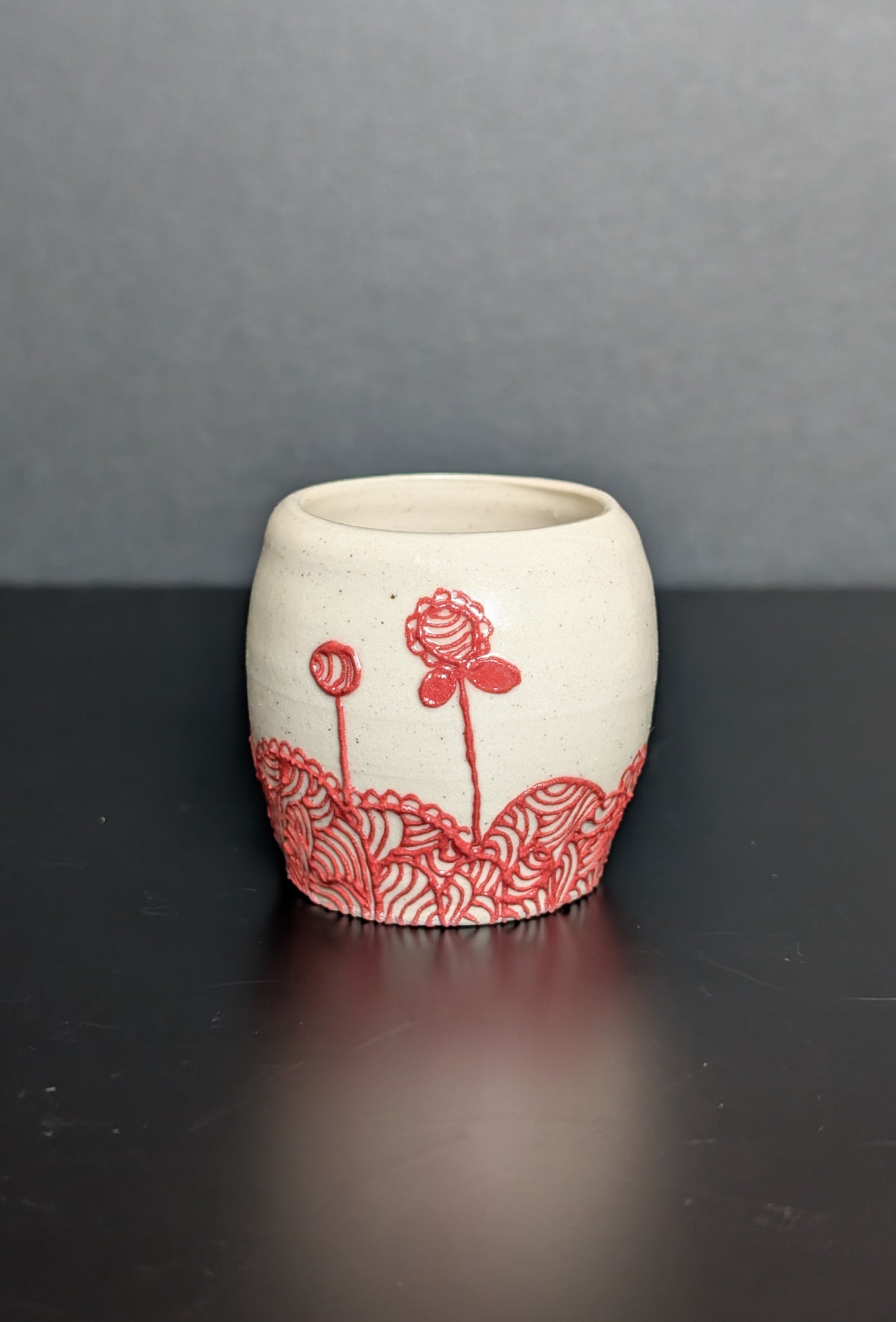 Red Flower Barrel, Red slip trail landscape decorated vase £55