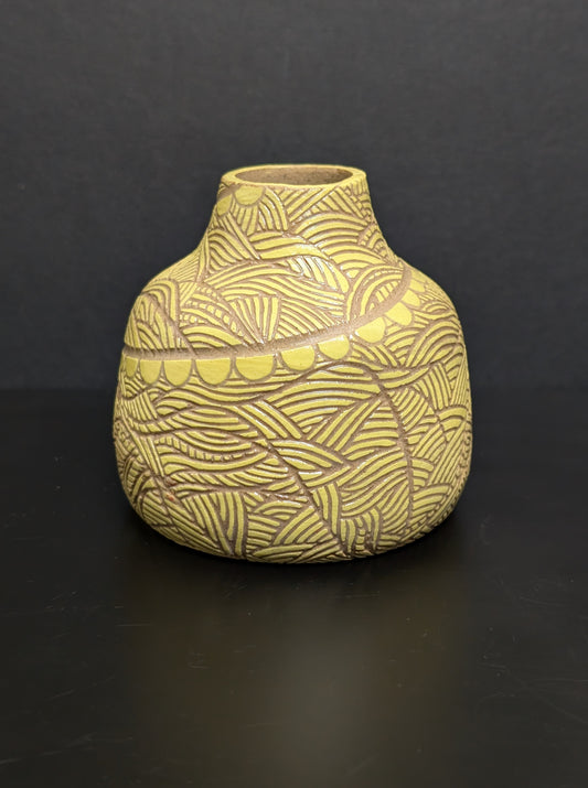 Yellow Bottle Vase, Fronds Sgraffito Decoration £85