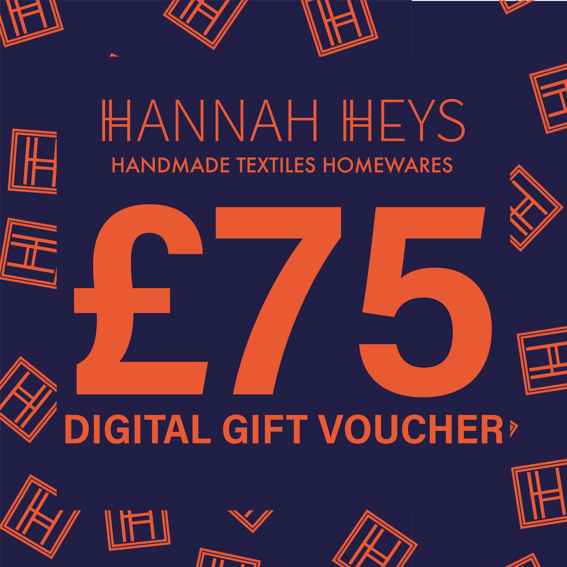 Dark Purple Image with Bright Orange Lettering, advertising a £75 Digital Gift Voucher for Hannah Heys Textiles.