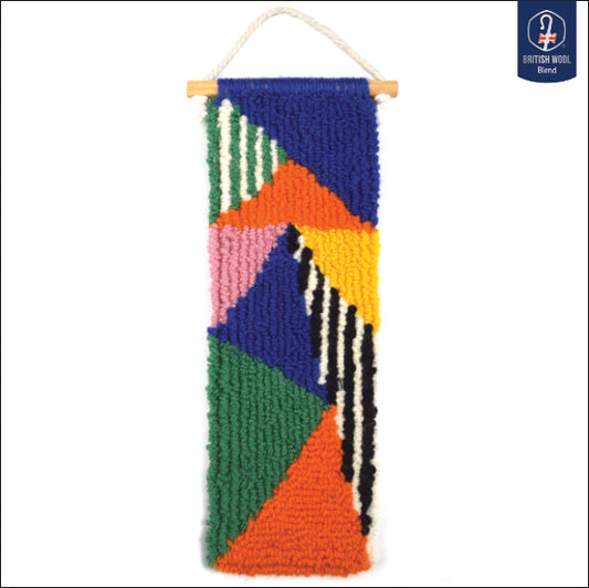 A contemporary hand punched miniature, using triangles, block colours and patterBlue, Orange, Yellow and Pink colour blocked Wall Hanging with black and white stripes and green and cream stripes. Using British Wool and yarn from previous projects. 
