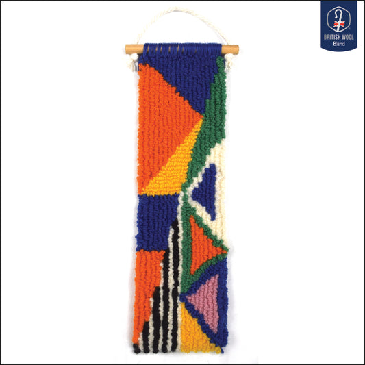 A hand punched miniature Wall Hanging, using block colours Blue, Orange, Yellow and Green along with striped and triangle patterns. Made using British Wool and yarn from previous projects. 