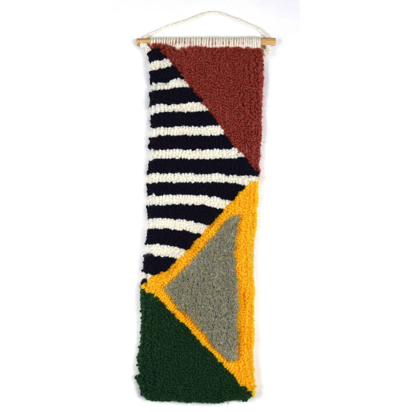 Wall Hanging using British Wool and Reclaimed Yarns.  A mixture of loop and cut piles.  Using Coral, Yellow, Khaki and Green Block Colours and a Black and White striped pattern to create and contemporary design..
