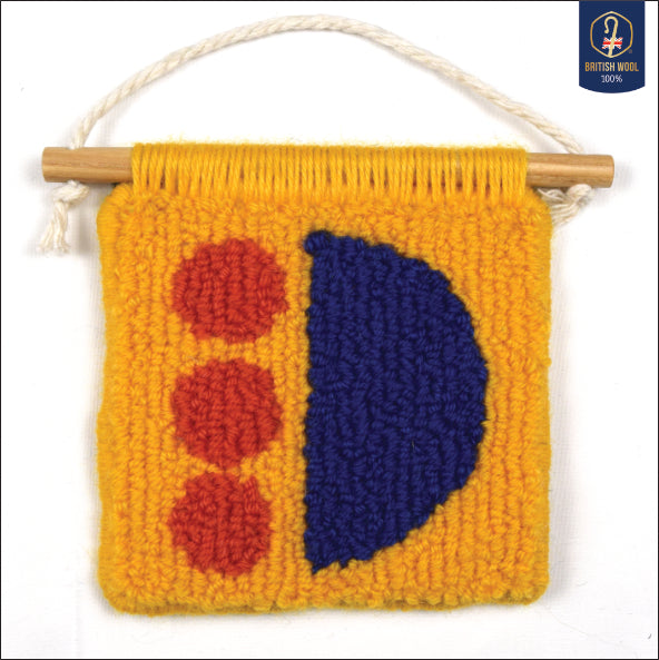 A contemporary hand punched miniature Wall Hanging, in bright yellow, royal blue and coral accents. Using simple shapes and colour. Using British Wool. 