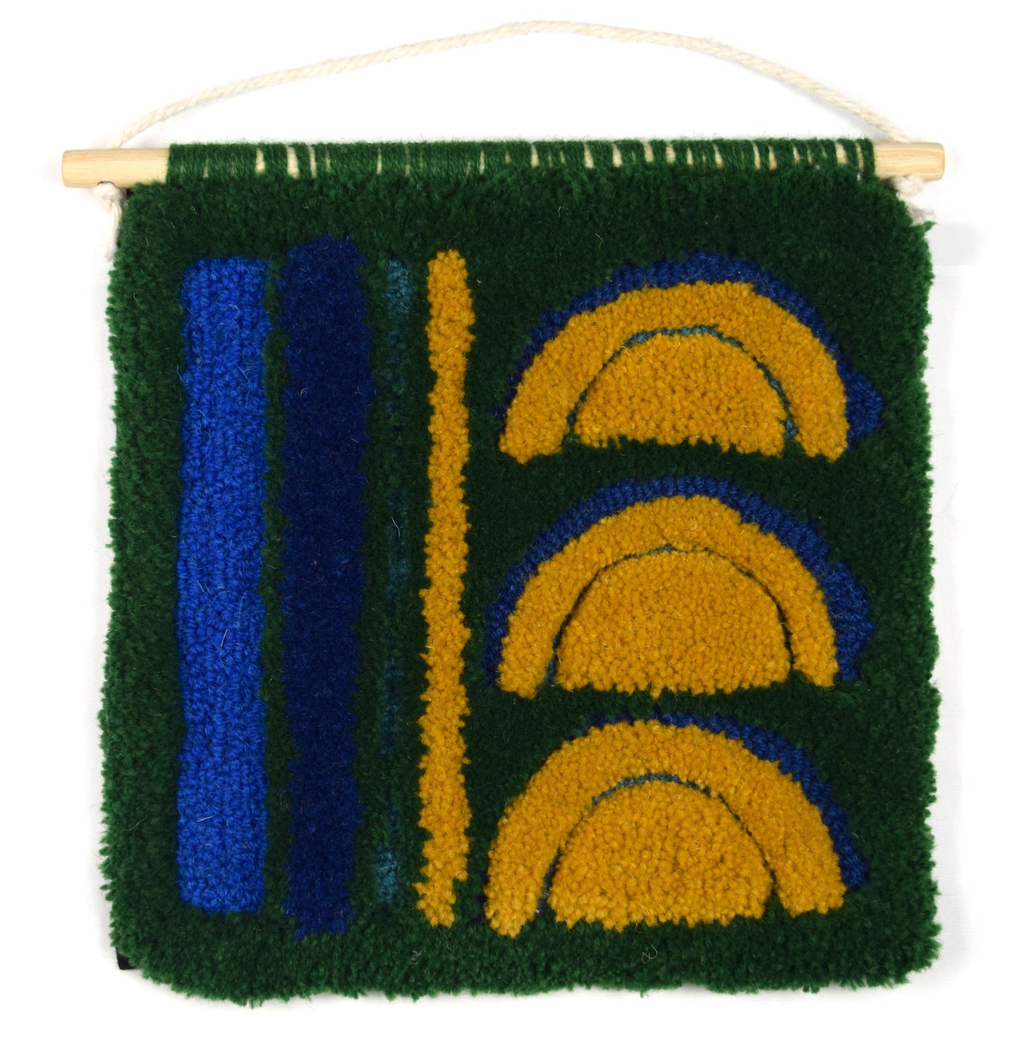 Green, Blue and Mustard - Hand Tufted Wall Hanging in a loop and cut pile using reclaimed yarns.